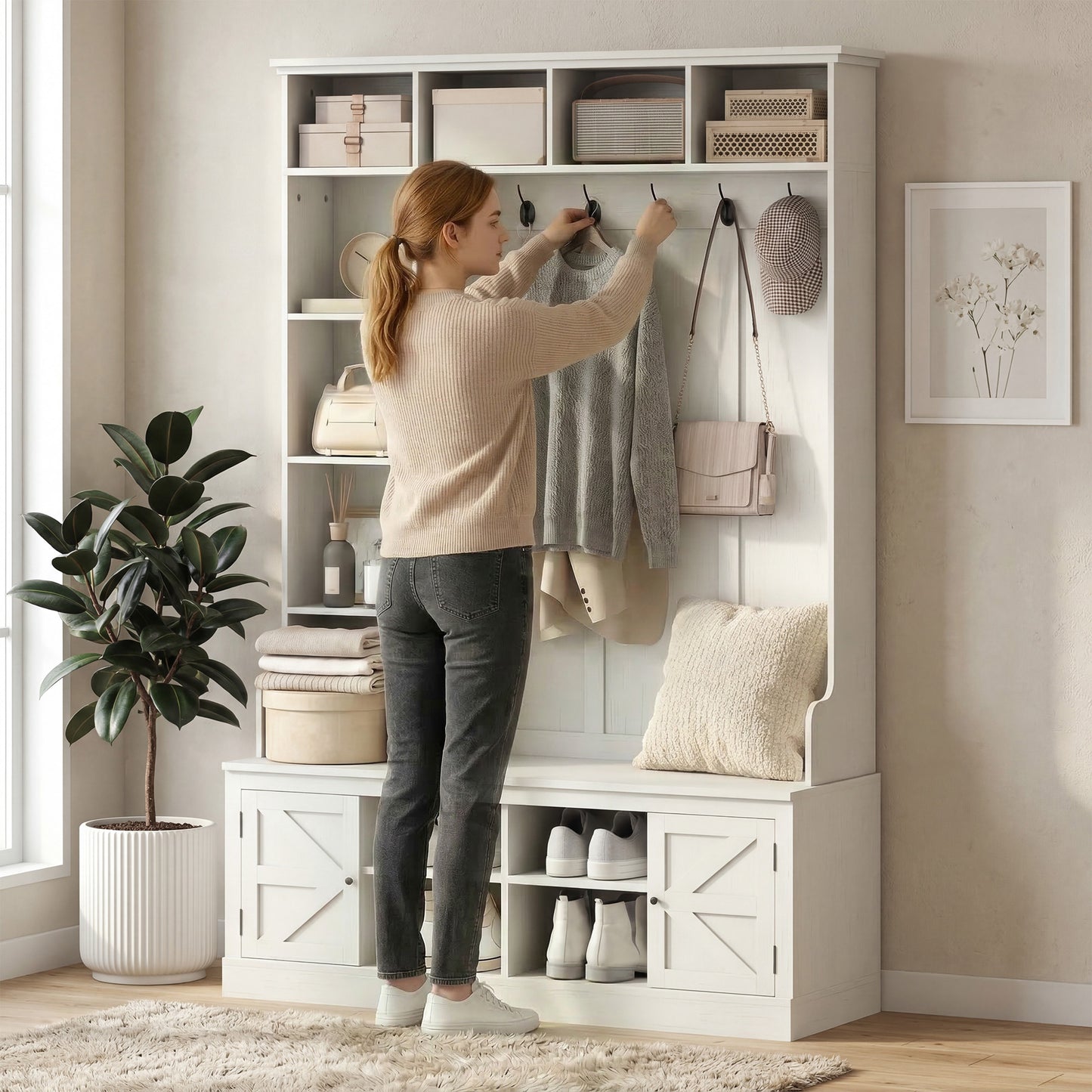 Hall Tree with Bench and Shoe Storage, Entryway Bench with Coat Rack, 12 Shelves, 2 Cabinets, 5 Hooks, White Wood Grain