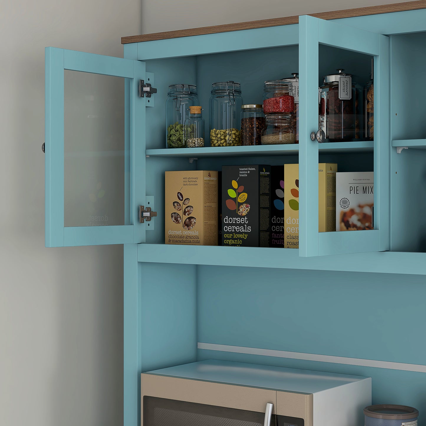 71" Pantry Cabinet with Microwave Space, Buffet with Hutch, 2 Drawers, Adjustable Shelves and Glass Doors, Blue