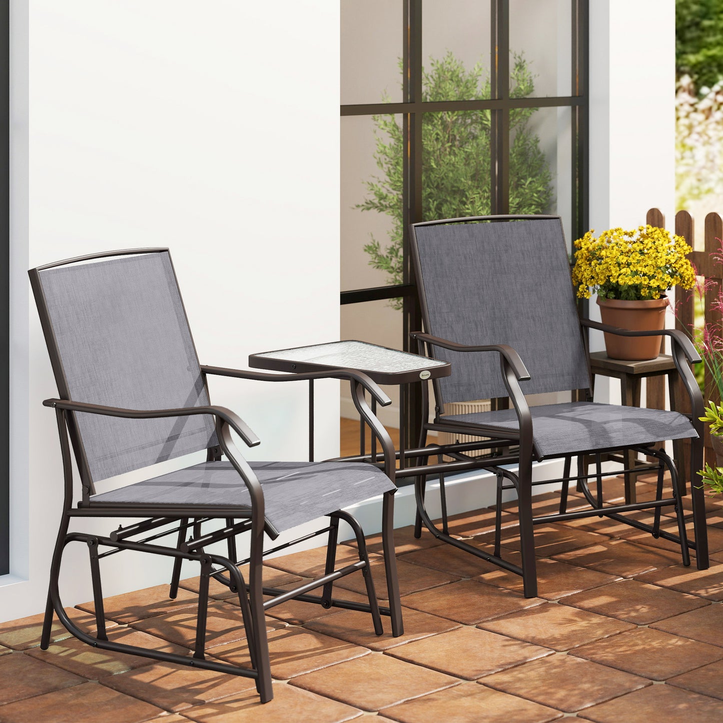 Double Patio Glider Chair with Glass Top Center Table, Outdoor Glider Loveseat with High Back, All Weather Breathable Mesh Fabric for Garden, Backyard, Deck, Grey