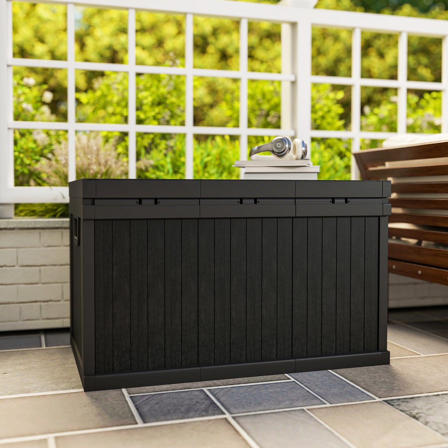 70 Gallon Deck Box, Resin Outdoor Storage Box with Handles, Waterproof Storage Container for Garden Tools, Black