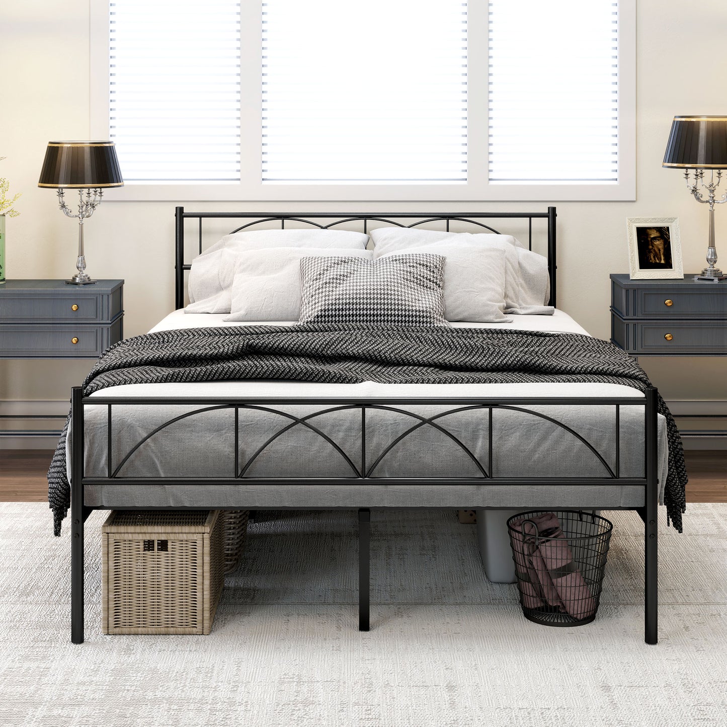 Metal Full Platform Bed Frame with Headboard, Steel Slat Support, Underbed Storage, No Box Spring Needed, Easy Assembly