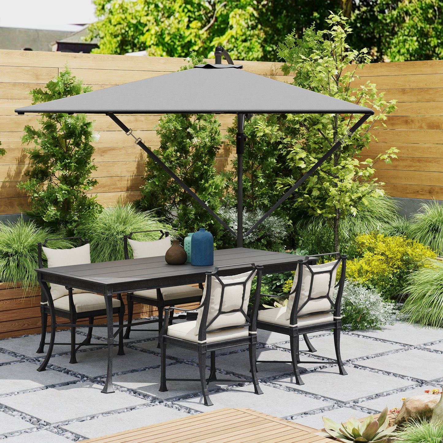 Patio Offset Umbrella UPF 50+ UV Protection, Crank Parasol with Base, Cover & Wind Securing, Khaki