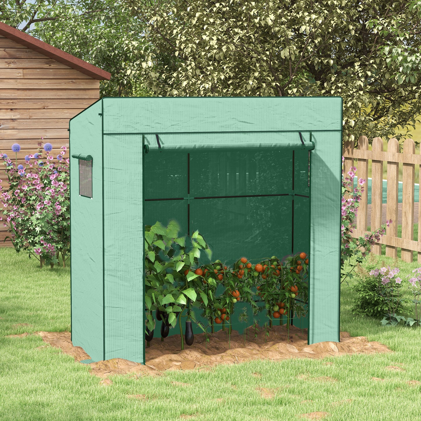 Walk-in Tomato Greenhouse Lean-to Green House with Reinforced PE Cover, Roll-up Door, Mesh Windows, Green