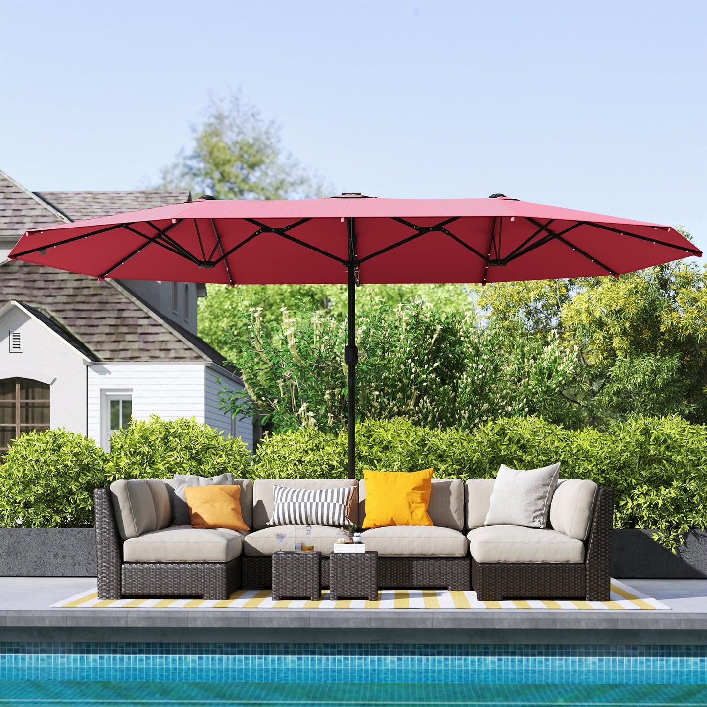 173.2" Double-Sided Sun Umbrella Garden Parasol Patio Sun Shade Outdoor with LED Solar Light, No Base Included, Wine Red