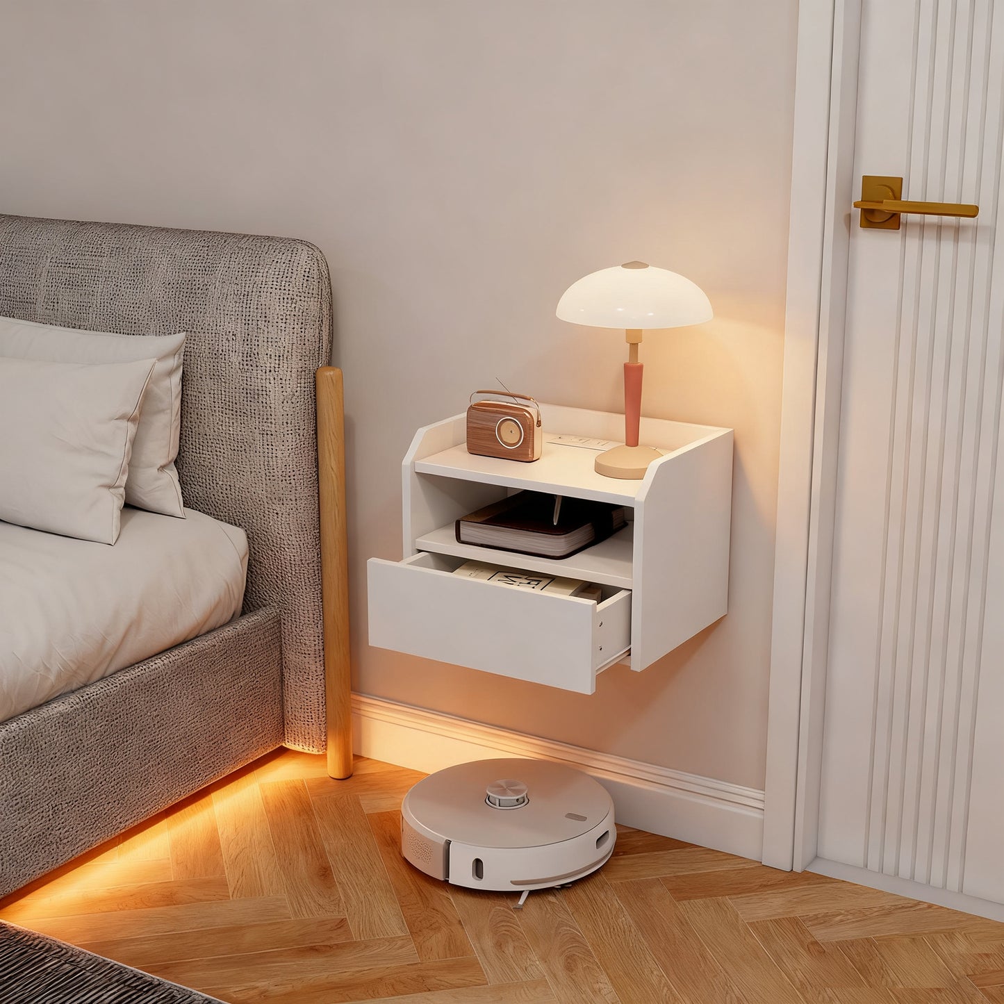Wall Mounted Bedside Table, Set of 2 Floating Nightstand with Charging Station, Drawer and Open Shelf for Bedroom, White