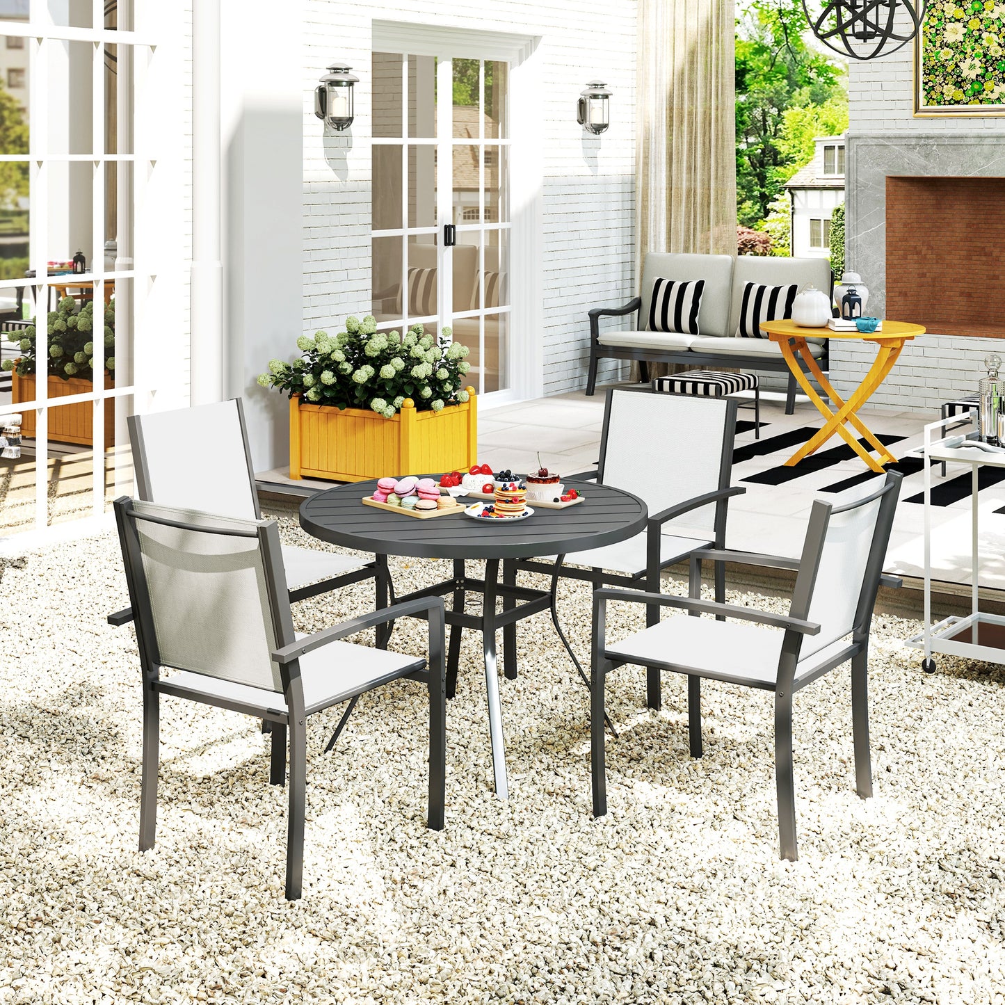 5 Piece Outdoor Dining Set with Round Table and 4 Stackable Chairs, for Backyard, Lawn, Deck, Balcony, Pool Side
