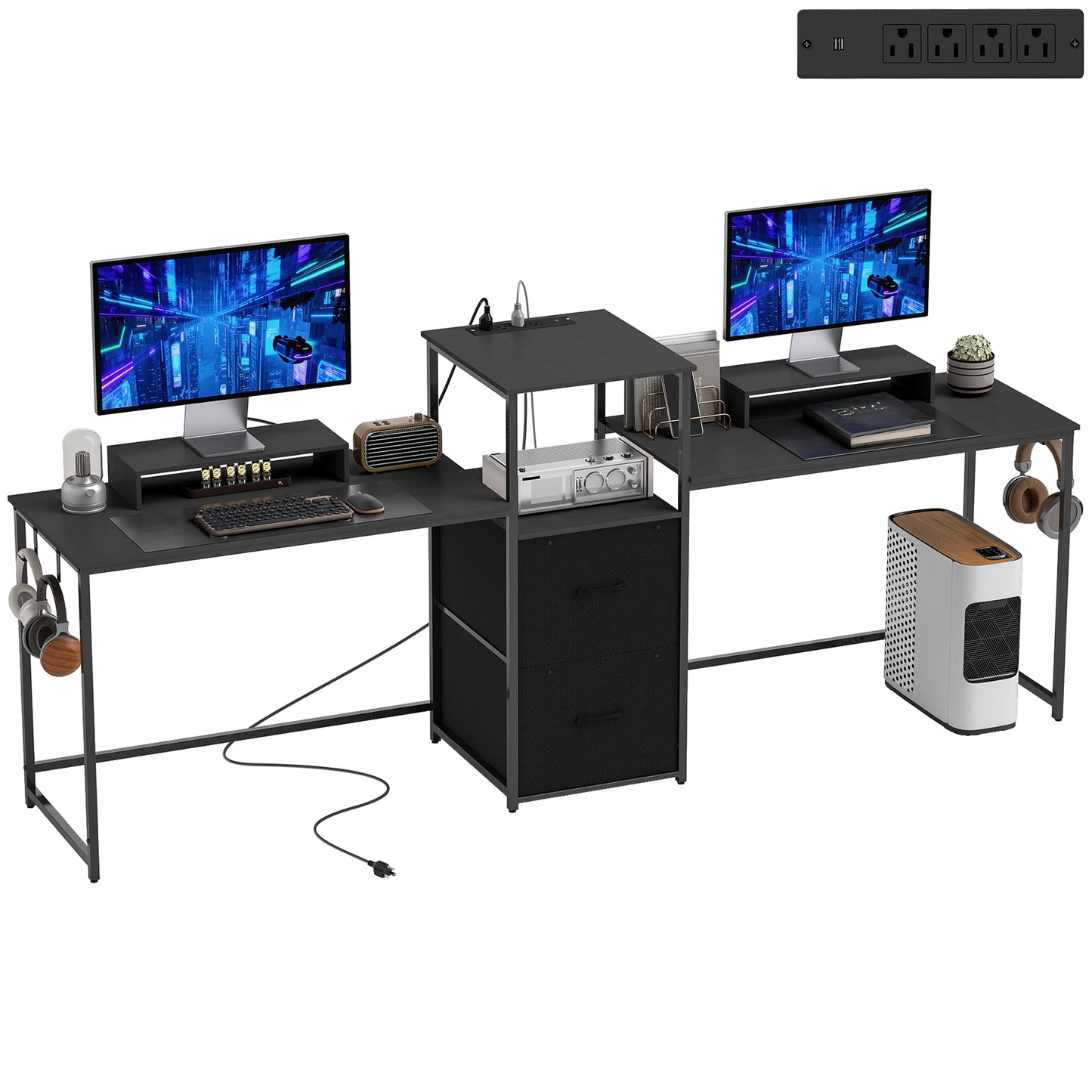 96 Inch Gaming Desk, Dual Computer Desk for 2 Person with Power Outlets and Monitor Stands, Black