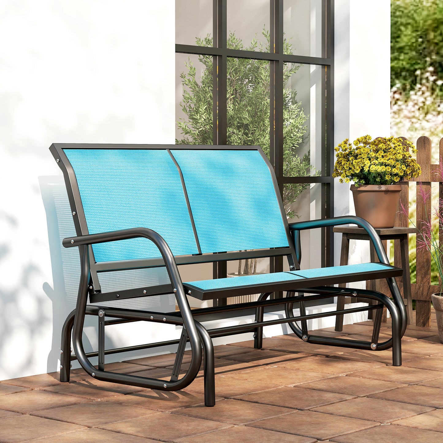 Outdoor Glider Bench, 2 Person Patio Glider Chair, Gliding Outdoor Garden Loveseat Swing Bench with Breathable Mesh Fabric, Steel Frame for Backyard, Porch, Blue