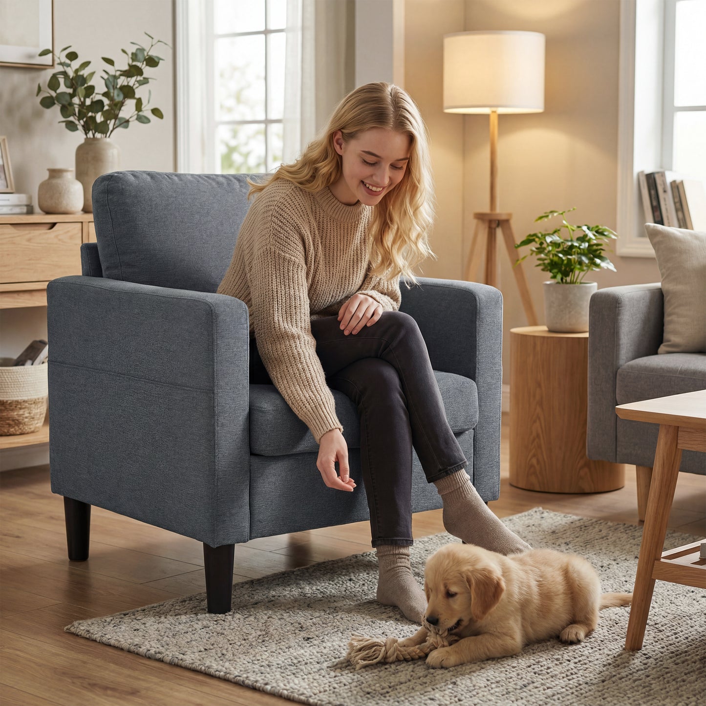 Accent Chair Upholstered Modern Armchair for Living Room with Thick Padded Seat and Armrests Dark Grey