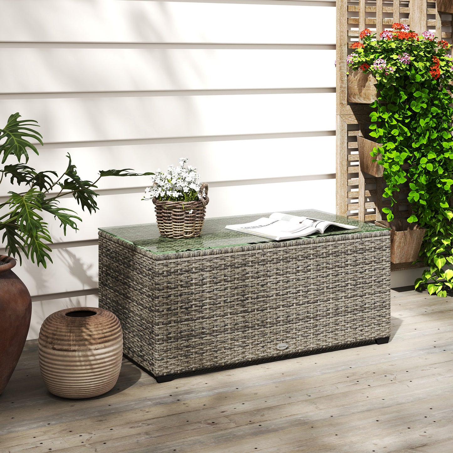 Wicker Outdoor Coffee Table, PE Wicker Rectangular Patio Table with Tempered Glass Top for Garden, Balcony, Dark Grey