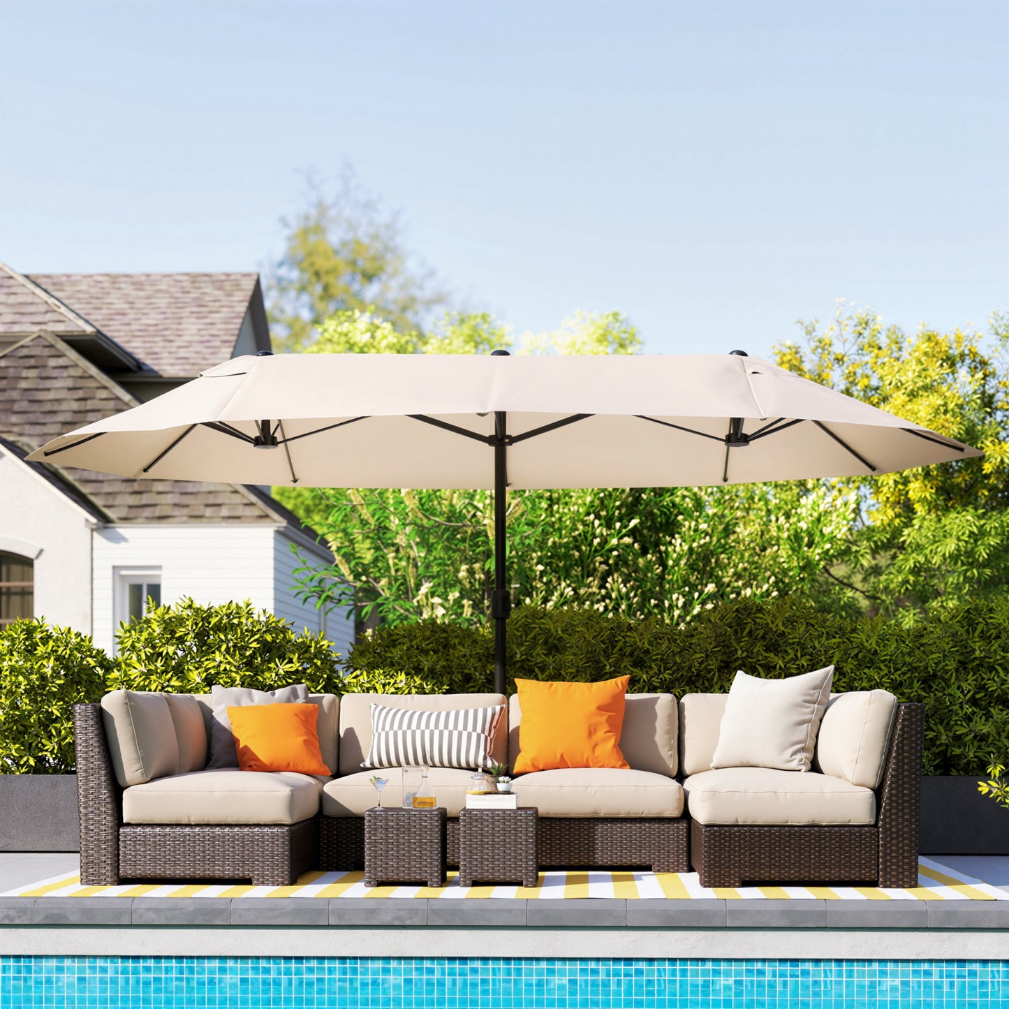 15' Outdoor Patio Umbrella with Twin Canopy Sunshade Steel Table Umbrella with Lift Crank Beige