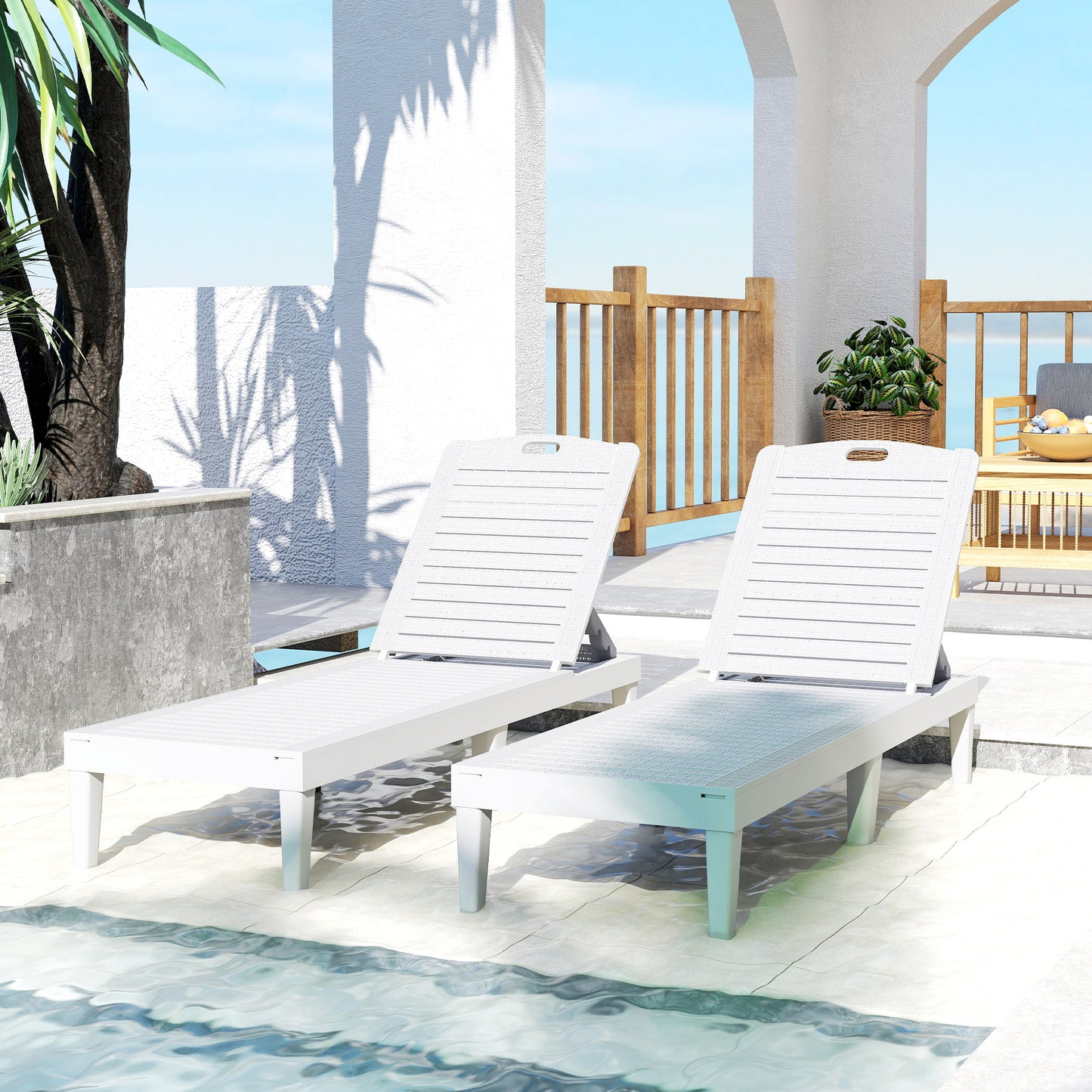 Outdoor Lounge Chair Set of 2, Waterproof Resin Lounge Chairs with 4-Position Adjustable Backrest for Backyard, White