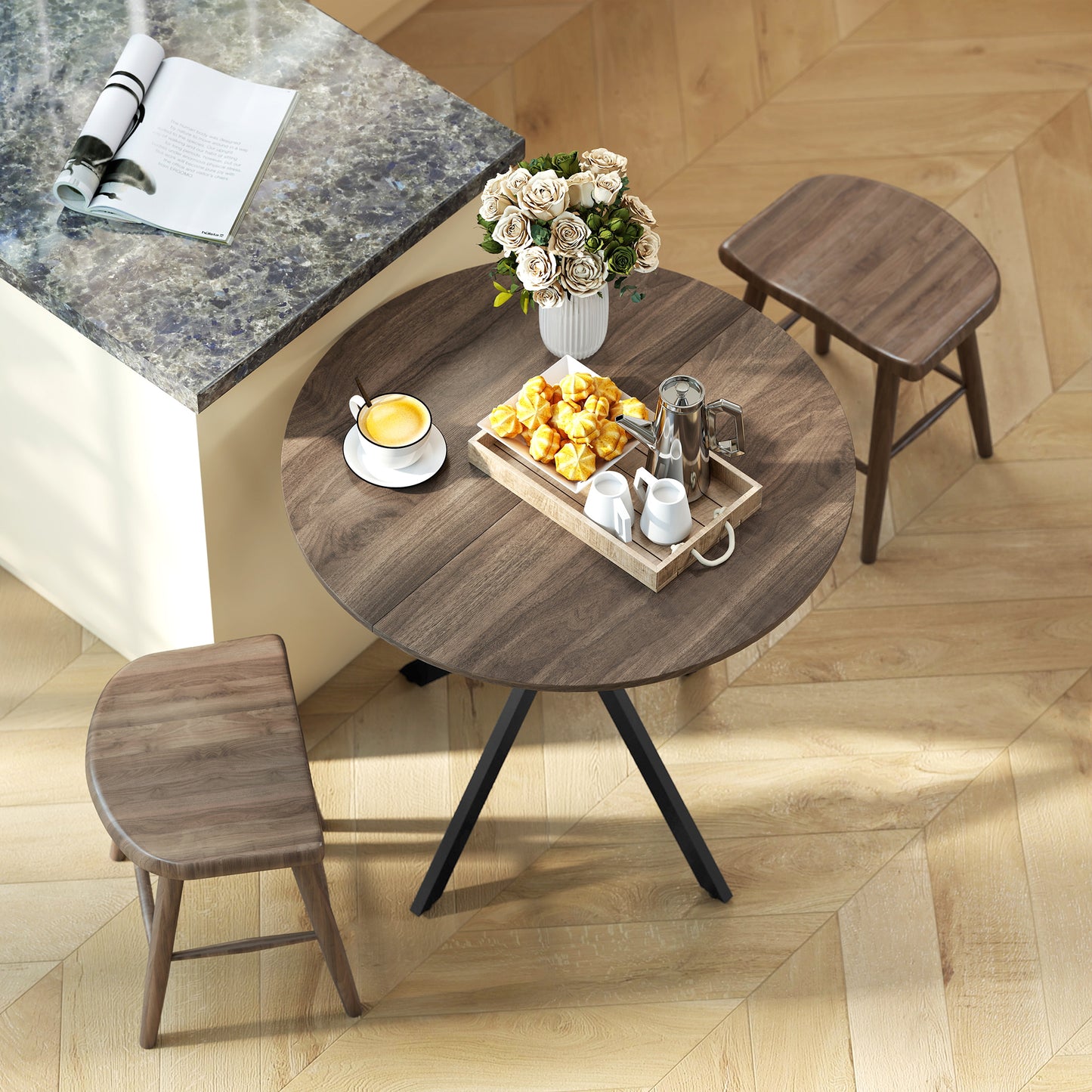 31.5" Industrial Round Dining Table - Distressed Dark Brown