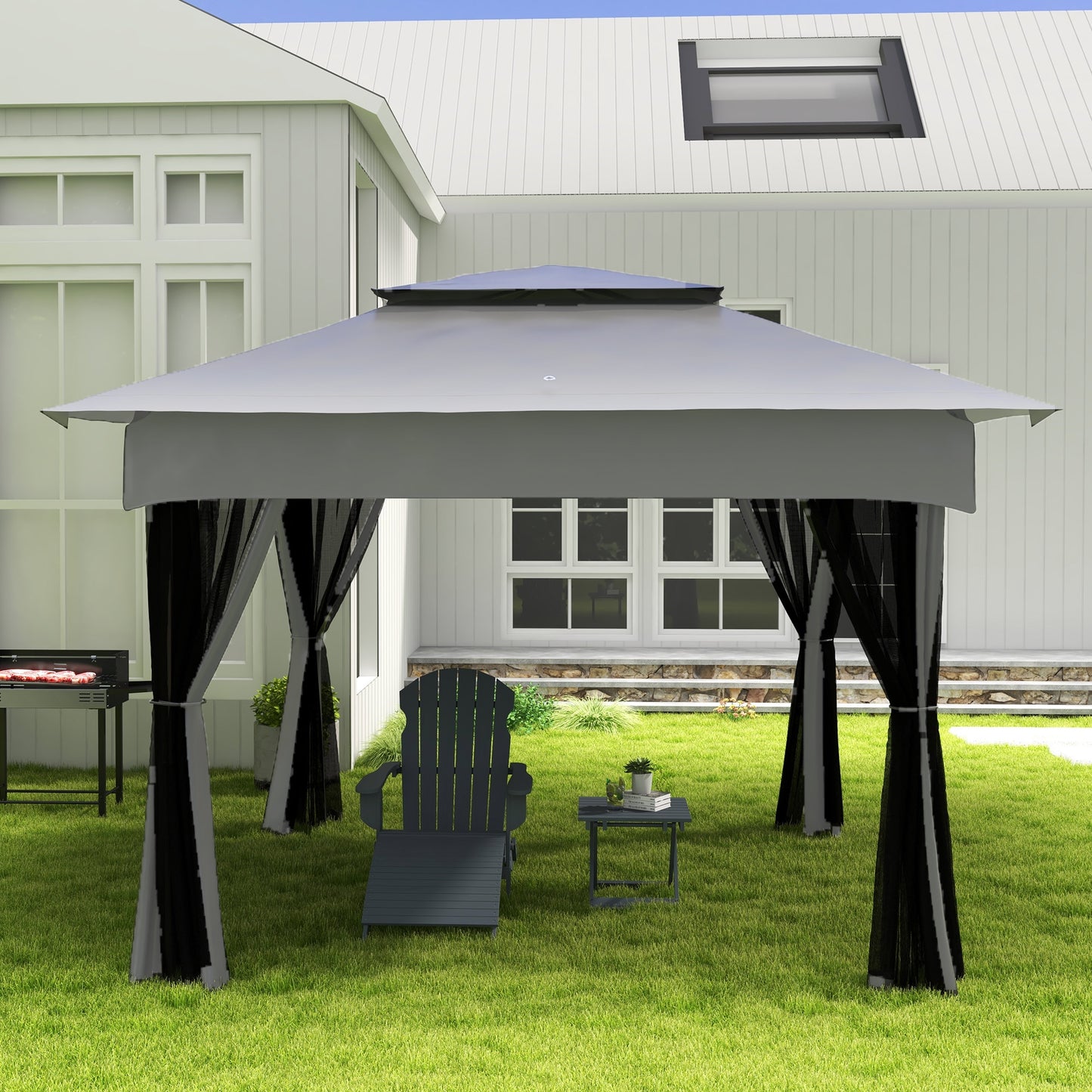BBQ Rotisserie Grill Charcoal, Split Roaster for Chicken Turkey, 3-Level Grill Grate, Storage Shelves, Stainless Steel