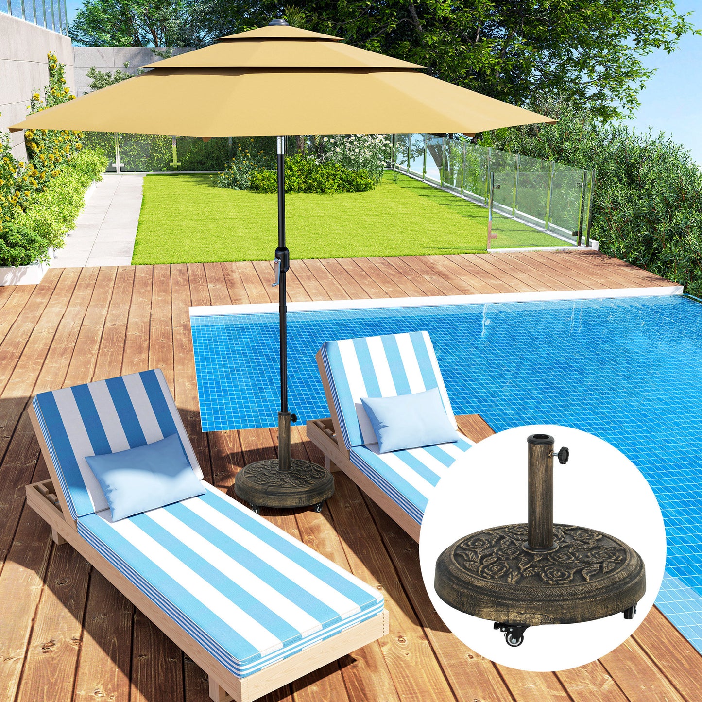 46 lbs Resin Round Patio Umbrella Base, Umbrella Stand with Wheels, Outdoor Umbrella Stand for 1.3"/1.5"/1.9" Umbrella Poles for Outdoor, Lawn, Poolside, Bronze