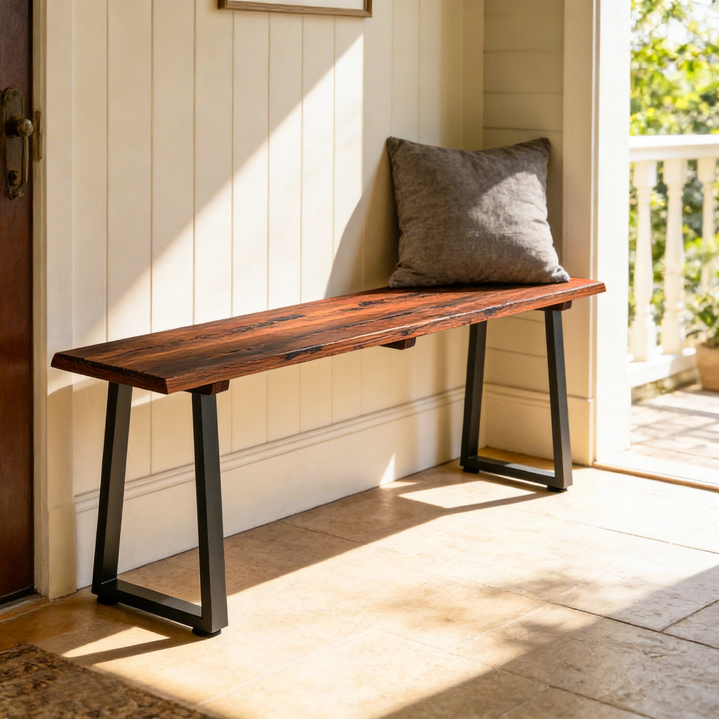 Wood Outdoor Bench for 2 People, 59" Backless Patio Garden Bench with Trapezoidal Steel Legs