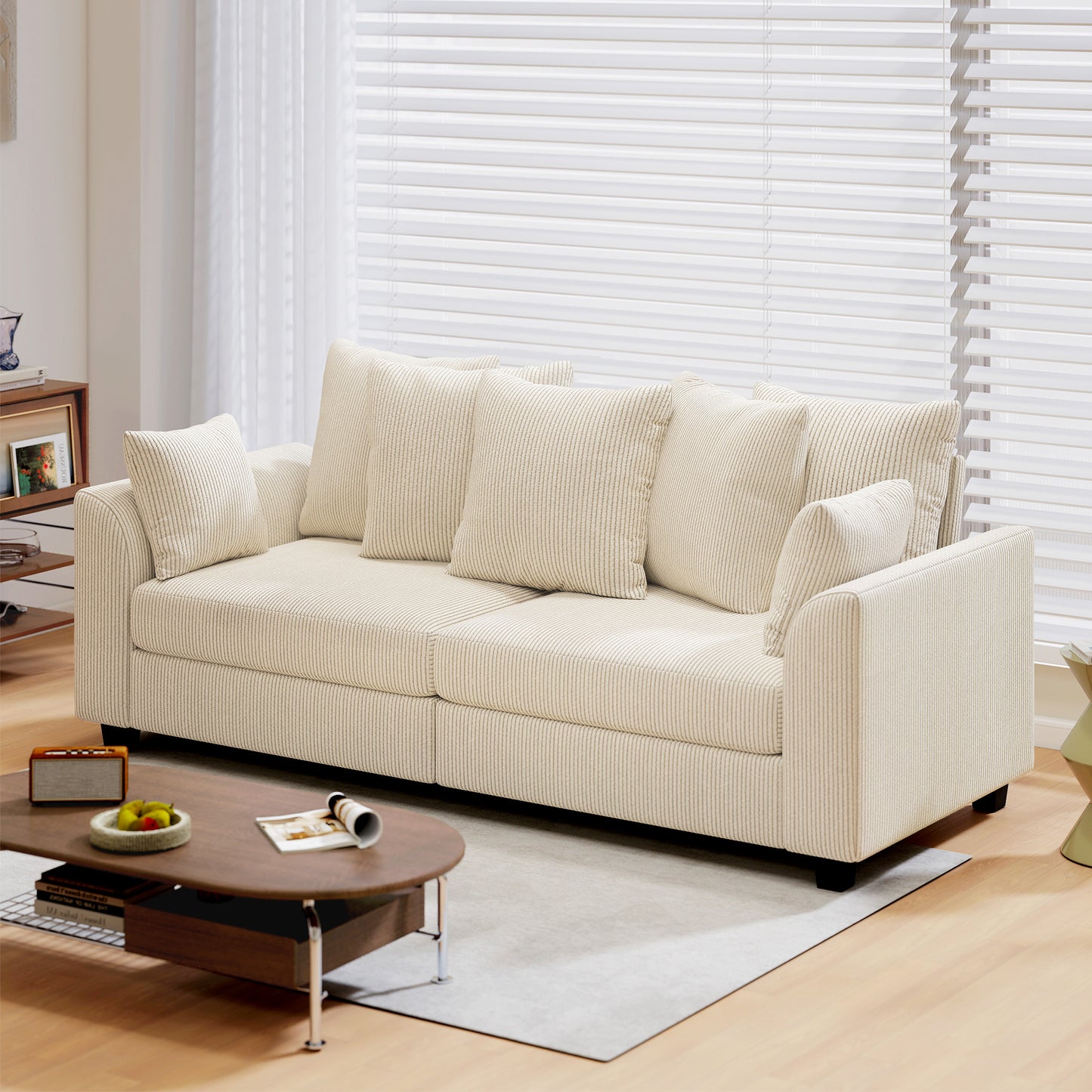 Corduroy Couch, 3 Seater Sofa, Modern Upholstered Couch with Curved Armrests and 8 Removable Pillows, Beige