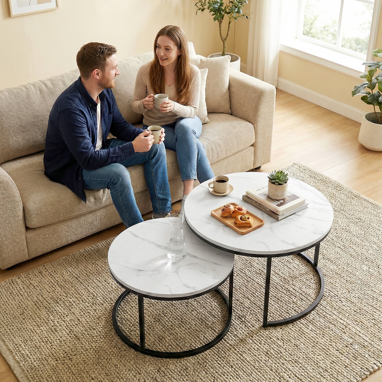 Modern Coffee Table Set of 2, Nesting Side Tables w/ Metal Base for Living Room Bedroom Office Marble White
