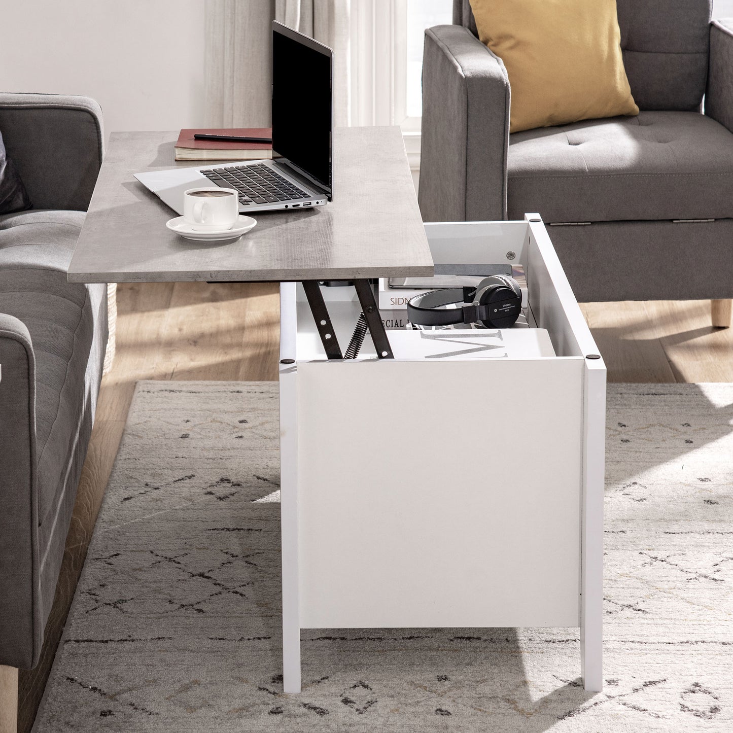 Lift Top Coffee Table with Hidden Storage Compartment and Open Shelves, Lift Tabletop Pop-Up Center Table for Living Room, White
