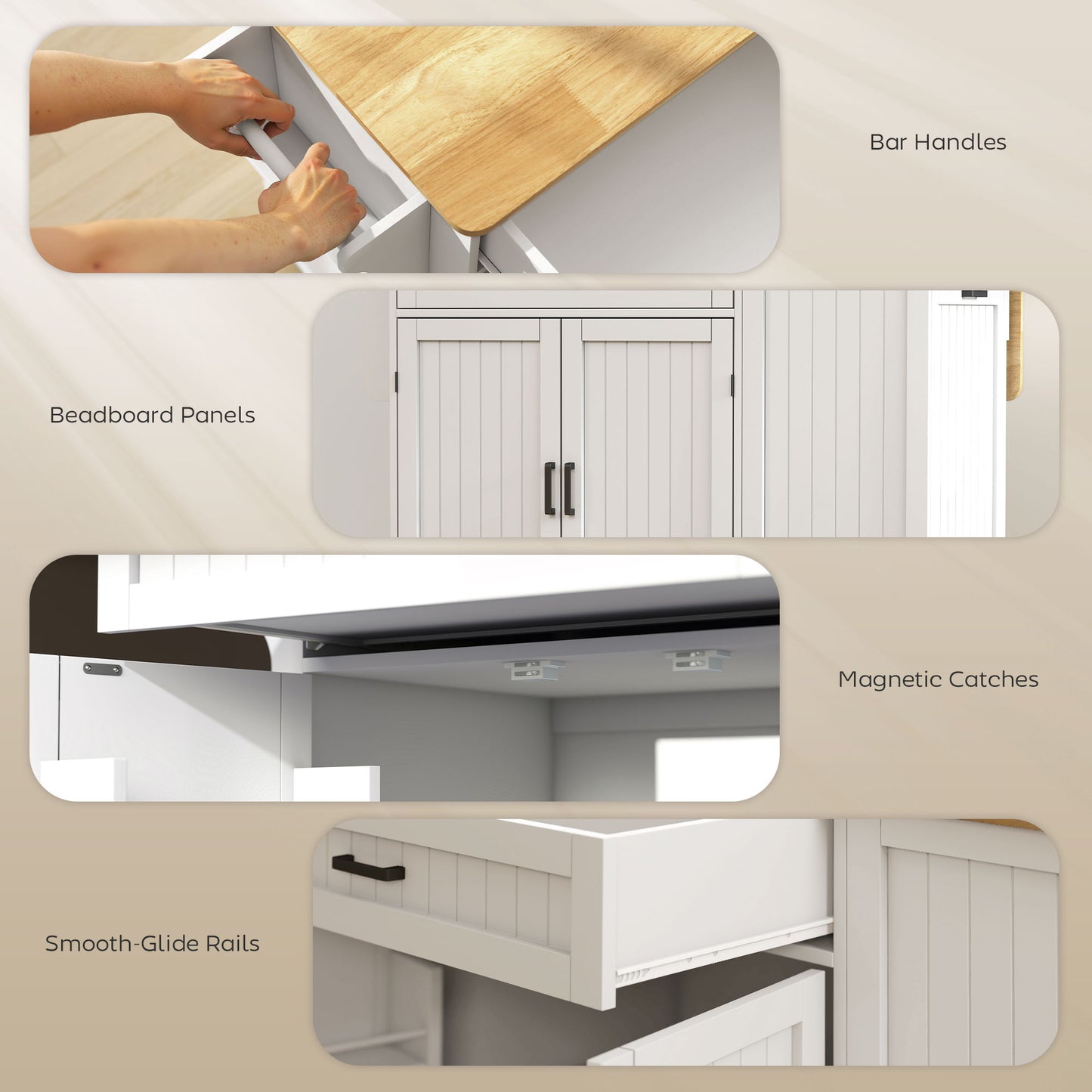 Kitchen Island Cart, Portable Kitchen Island Table with Charging Station, Rubber Wood Drop Leaf, Trash Storage, White