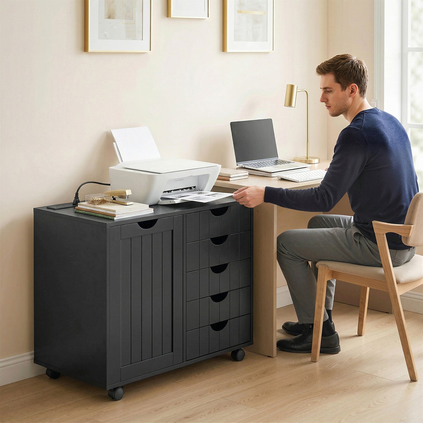 Mobile Lateral Filing Cabinet with 5 Drawers, Printer Stand with Power Outlets and USB Ports for Home Office, Black