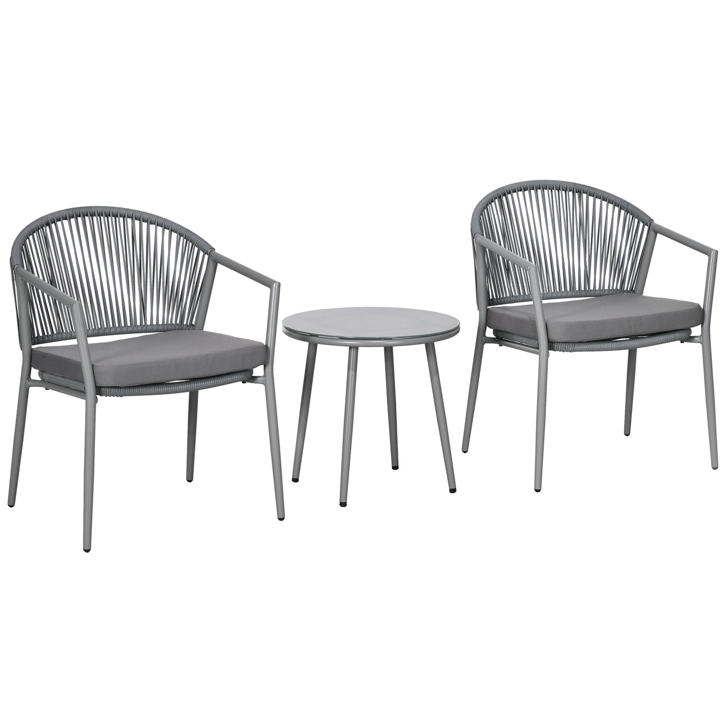 3-Piece Rattan Bistro Set, Garden Seating Group with 2 Armchairs and Coffee Table, Balcony Furniture Set, Grey