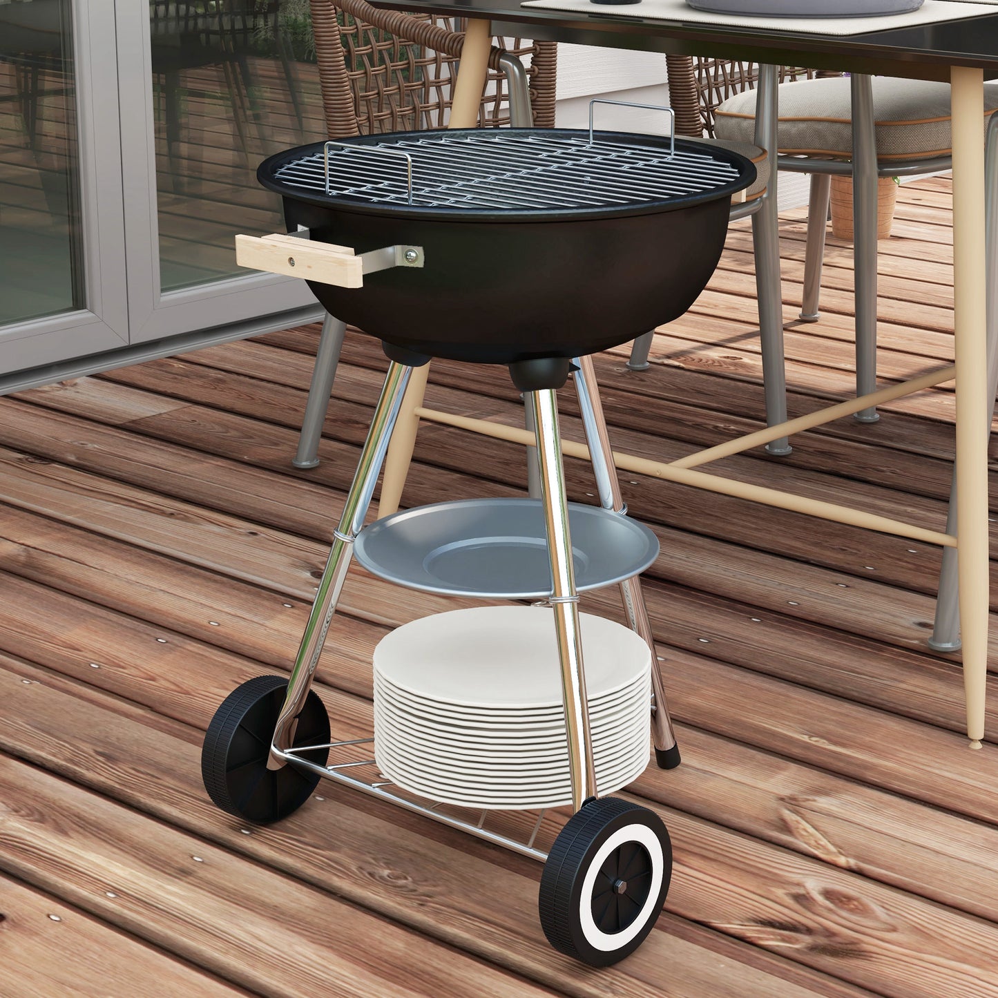 Portable Charcoal BBQ Grill, Steel Outdoor Camp Picnic Cooker with Lid, Air Vents, Wheels and Storage Shelf, Black