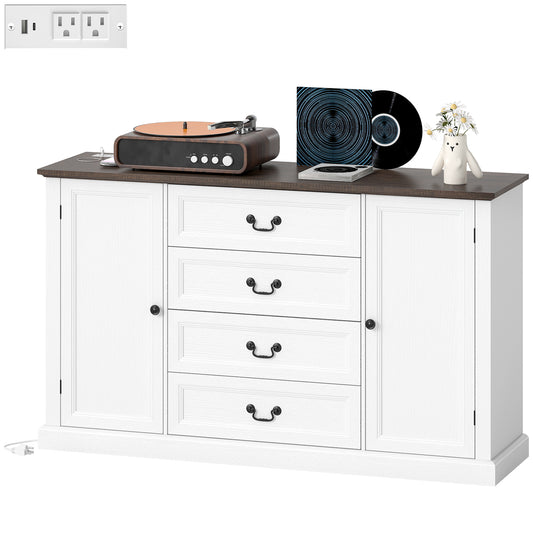 58" Farmhouse Sideboard with Charging Station and 4 Drawers - White