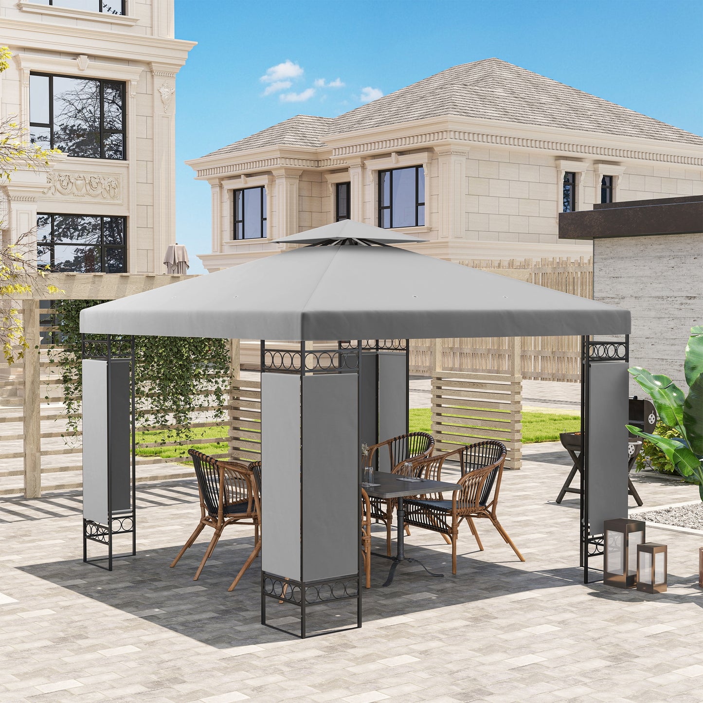 10' x 10' Canopy Gazebo, Double Roof Patio Gazebo with Screen Panels and Metal Frame for Deck, Backyard, Light Grey
