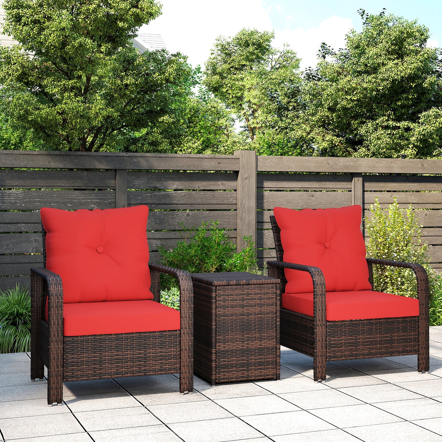 3 Pieces Wicker Patio Furniture Set, Rattan Bistro Set with Storage Coffee Table and Thickened Cushions, Outdoor Conversation Set for Garden, Porch, Balcony, Beige