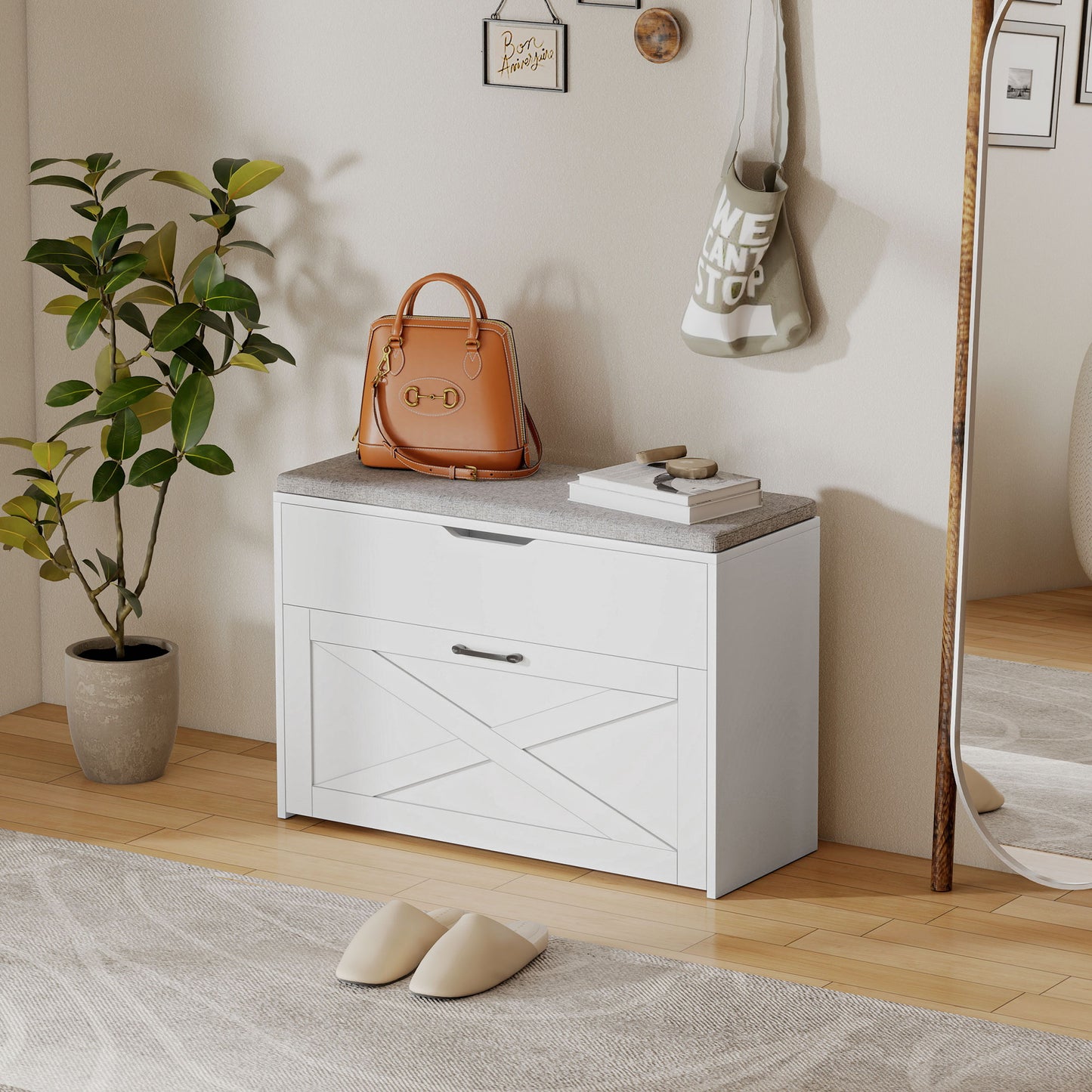 Shoe Storage Bench with Flip Drawer and Lift Top Storage, Entryway Bench with Seat Cushion for Hallway, White