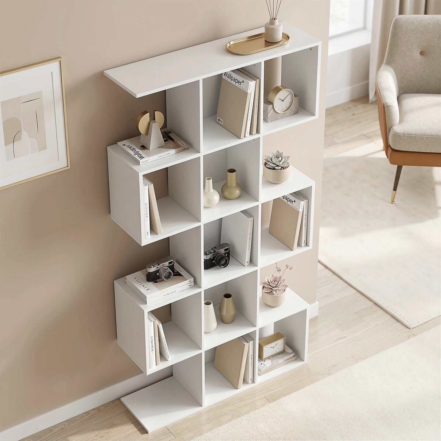 5-Tier Bookshelf, S Shaped Geometric Bookcase with 15 Compartments, White Wood Grain