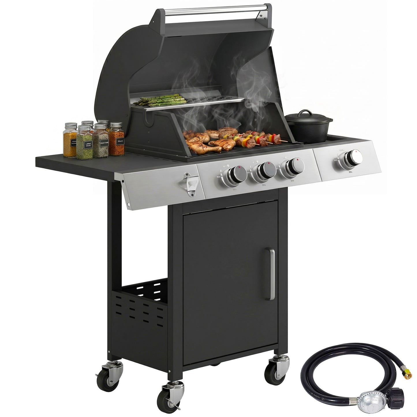 3 Burner Propane Gas Grill with Side Burner, 36,000 BTU BBQ Grill with Cast Iron Grates, Wheels, Warming Rack, Cabinet