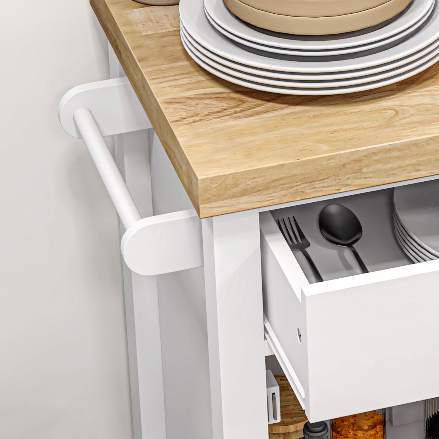 Kitchen Cart on Wheels, Rolling Kitchen Island Cart with Wood Top, Towel Rack, Drawer and Shelf for Dining Area, White