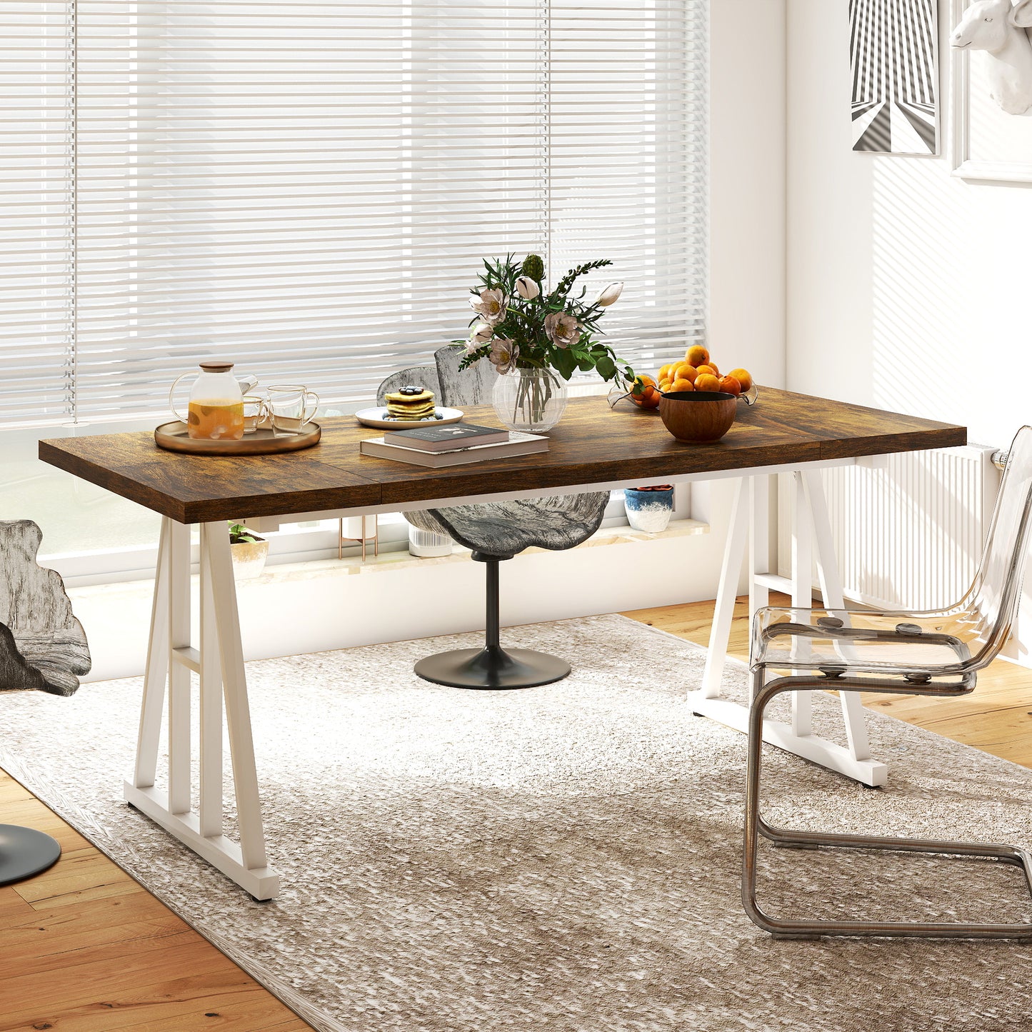 Farmhouse Kitchen Table for 8, Rectangular Dining Table with Thick Tabletop and Steel Trestle Legs, Brown and White