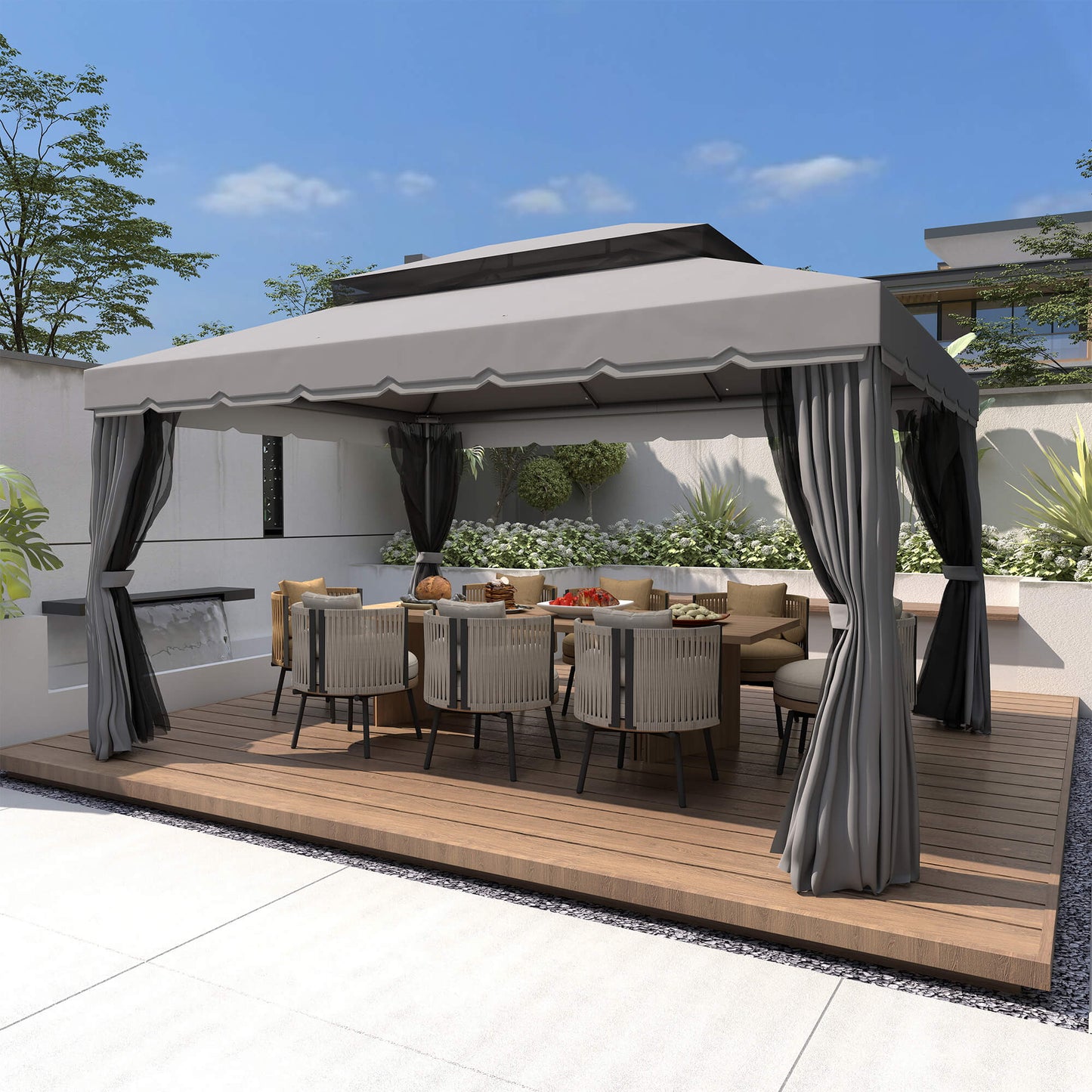 13' x 10' Patio Gazebo, Double Roof Outdoor Gazebo Canopy Shelter with Netting & Curtains, Strong Aluminum Frame, Dark Grey