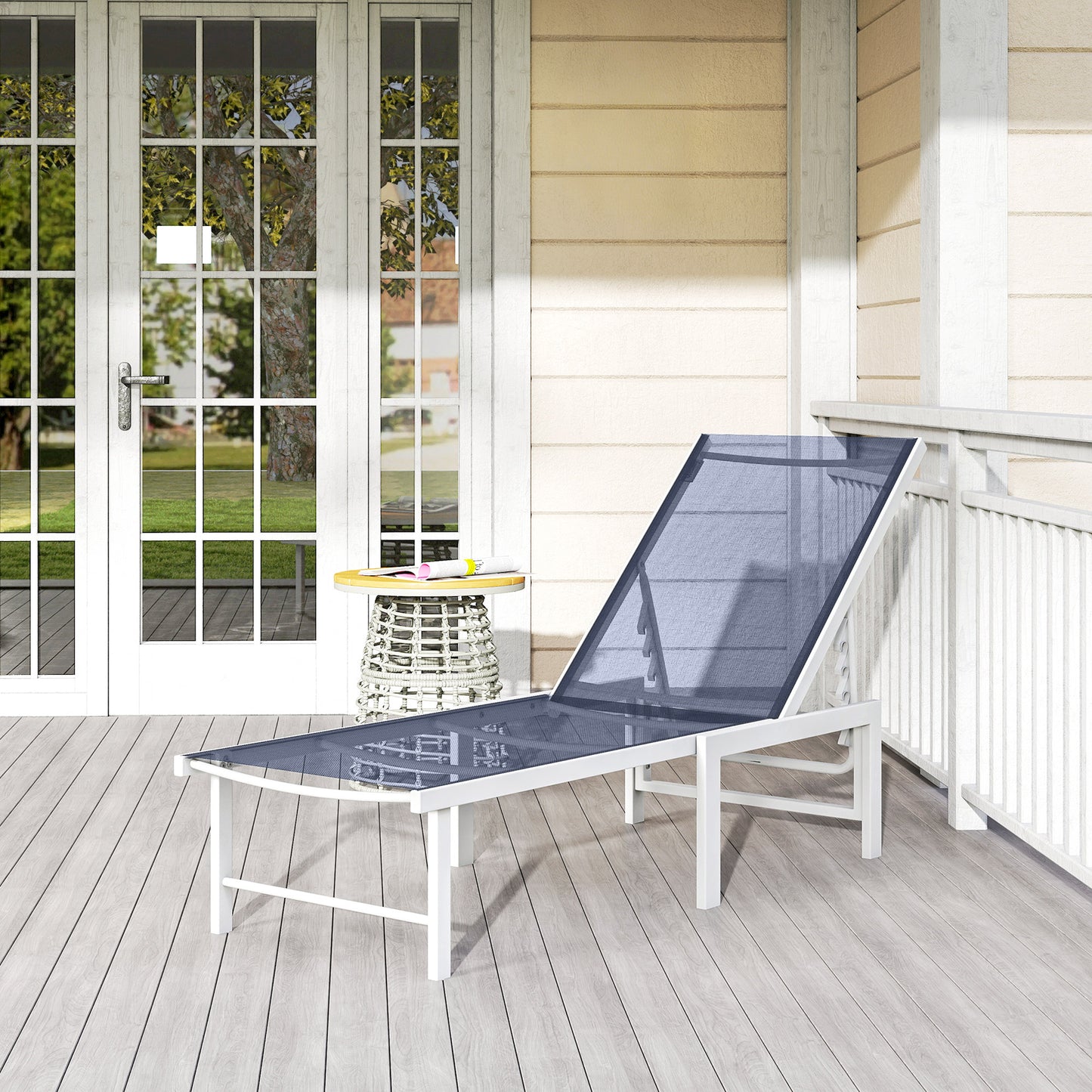 Outdoor Lounge Chair, 5-Position Reclining Outdoor Chaise Lounge Tanning Chair with Mesh Seat, Dark Blue