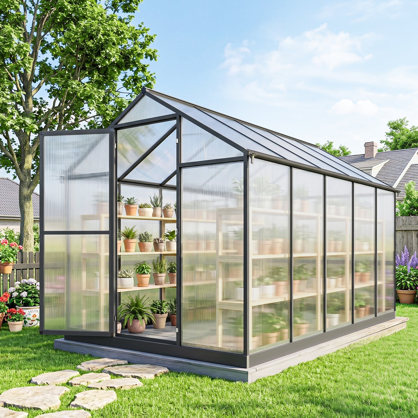 Polycarbonate Greenhouse, Aluminum Walk-In Green House Kit Garden, 6' x 10' x 6.4', Charcoal Grey