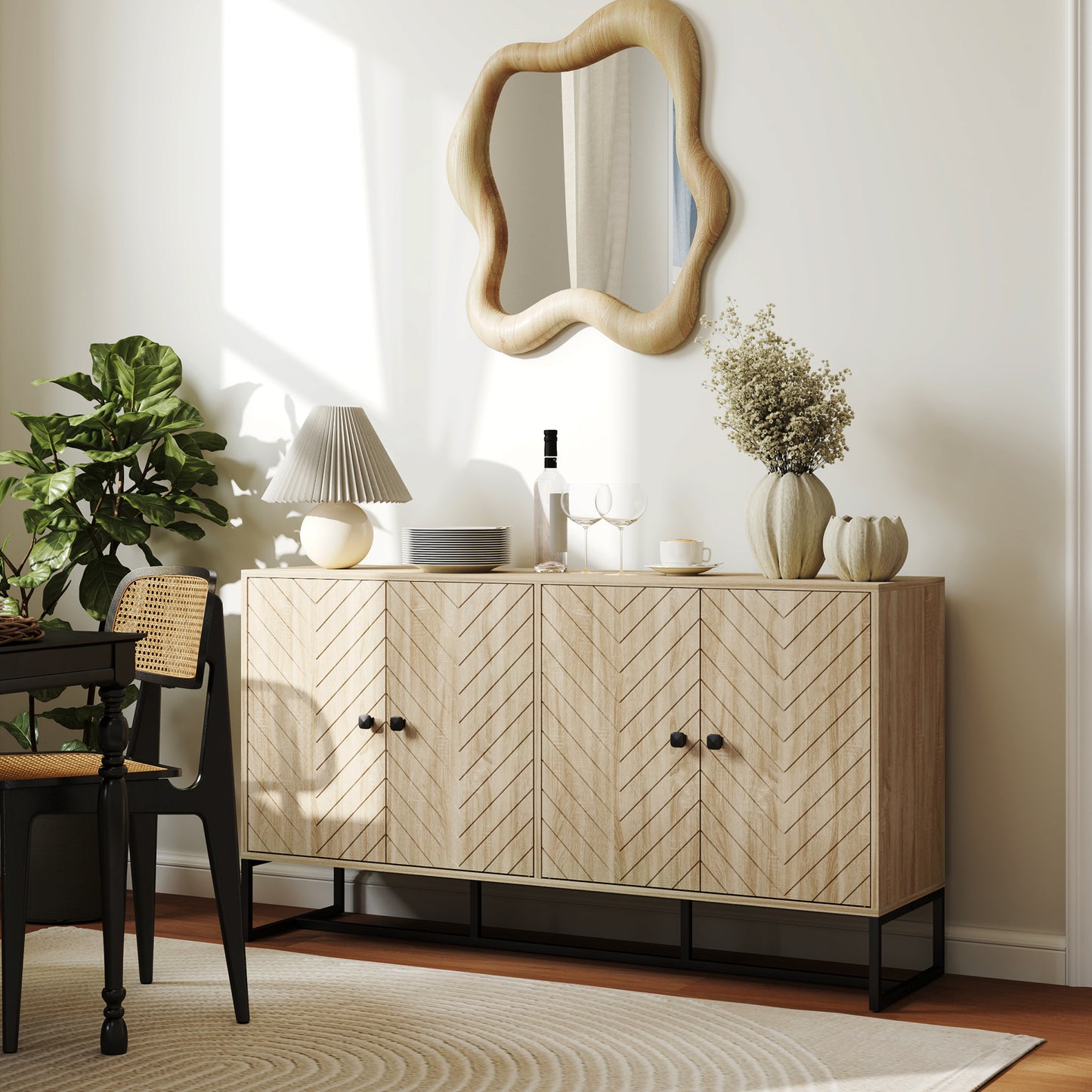 Sideboard Buffet Cabinet with 2 Adjustable Shelves and Steel Base, TV Stand, Coffee Bar Cabinet for Living Room, Oak