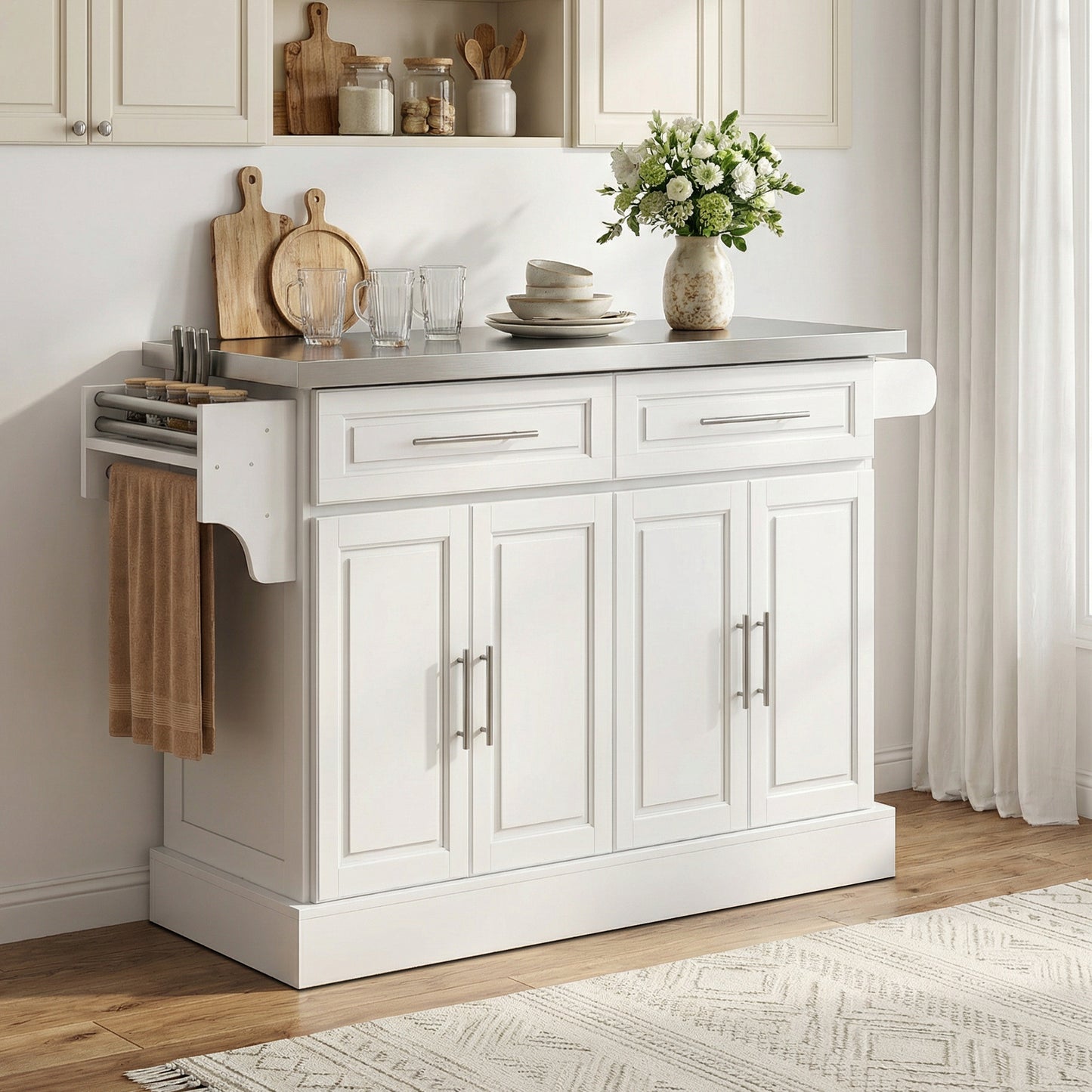 Rolling Kitchen Island with Storage and Stainless Steel Top, Kitchen Trolley with Drawers, Cabinets, Towel Rack