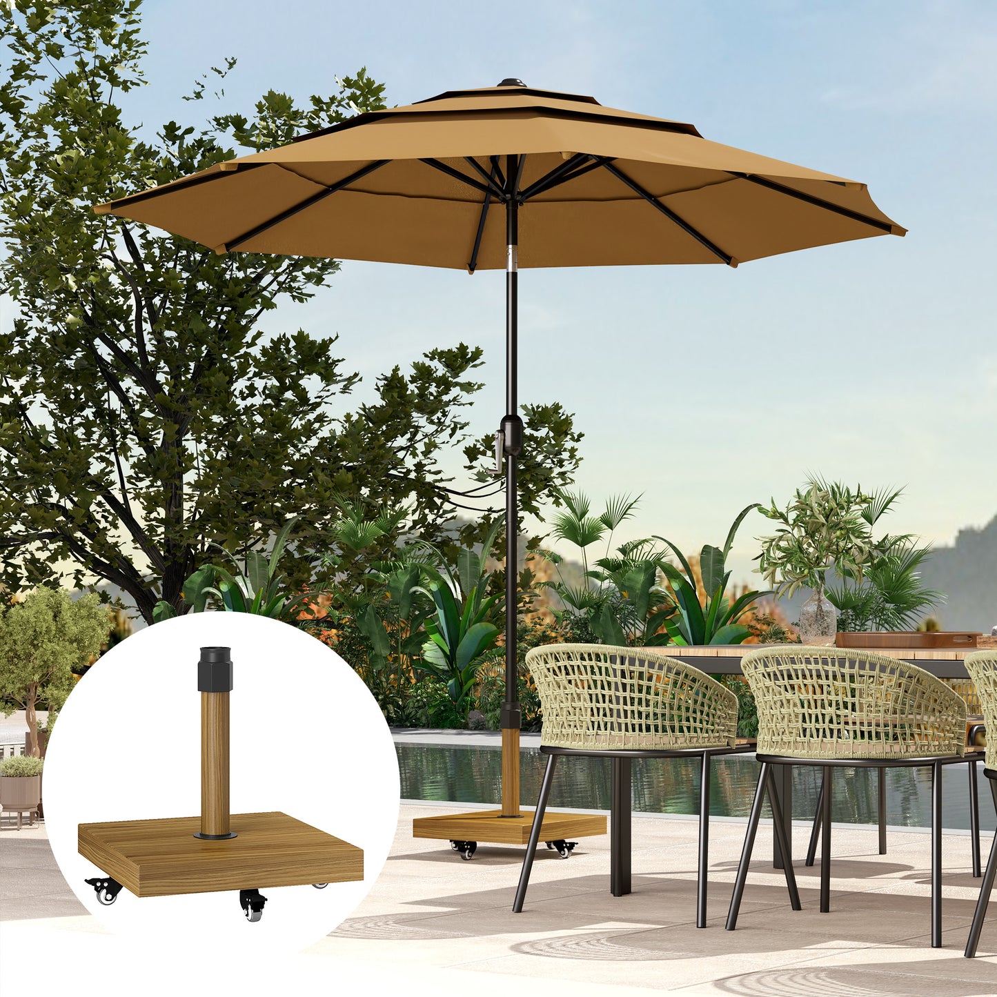 57 lbs Metal Square Patio Umbrella Base Holder, Outdoor Umbrella Stand with Wheels, Heavy Duty Patio Umbrella Stand Base for Garden, Poolside, Nature Wood