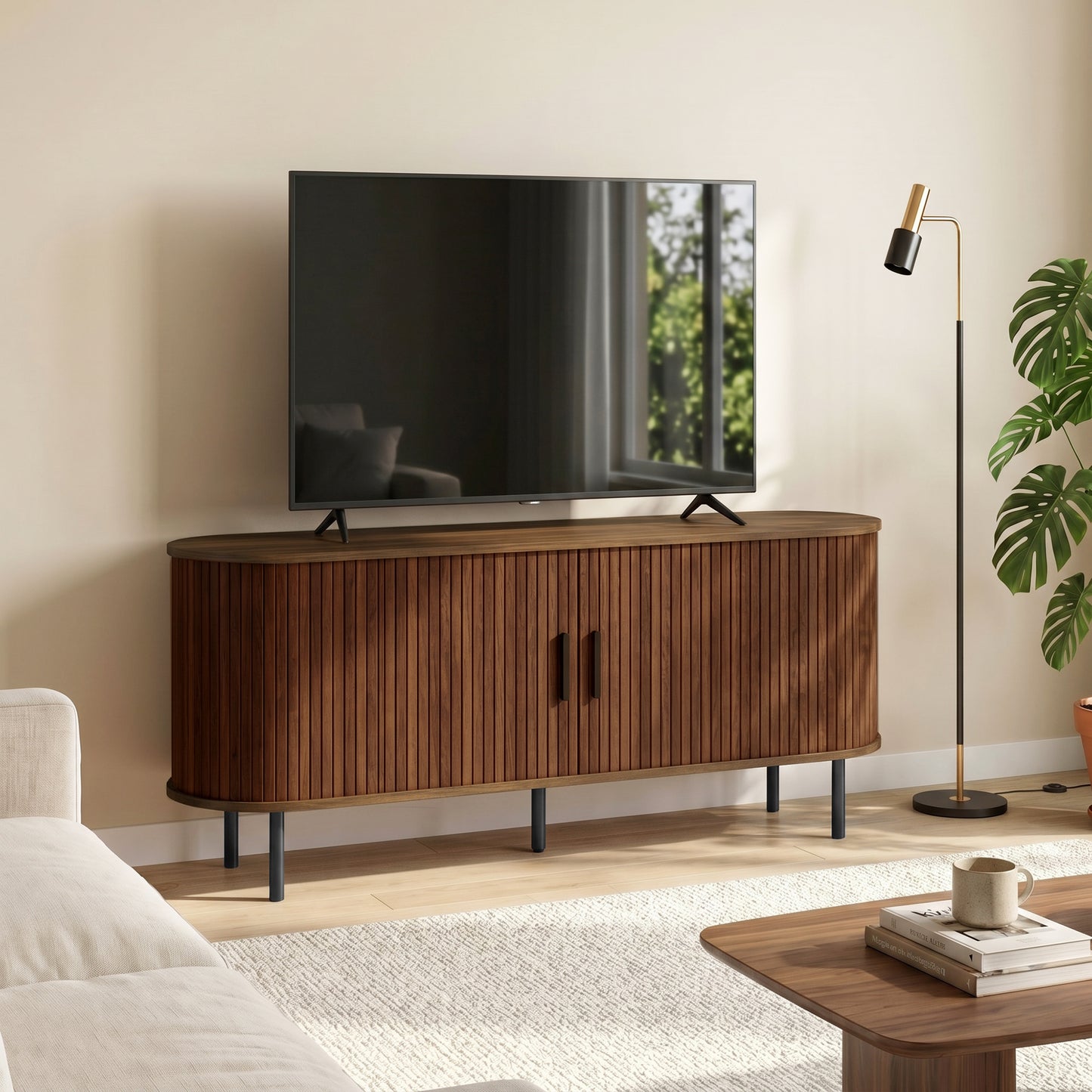 TV Stand for TVs up to 60", Modern Entertainment Center with Curved Sliding Doors, Walnut Brown