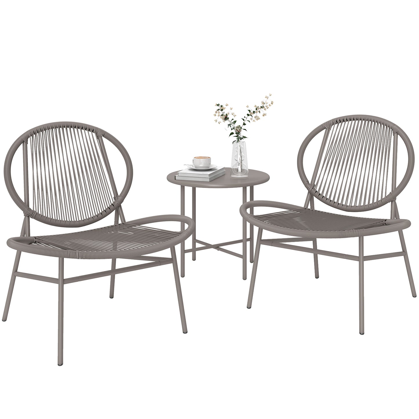 Rattan Bistro Set, 3 Pieces Wicker Patio Furniture Set, Acapulco Chairs and Steel Table for Porch, Balcony, Light Grey