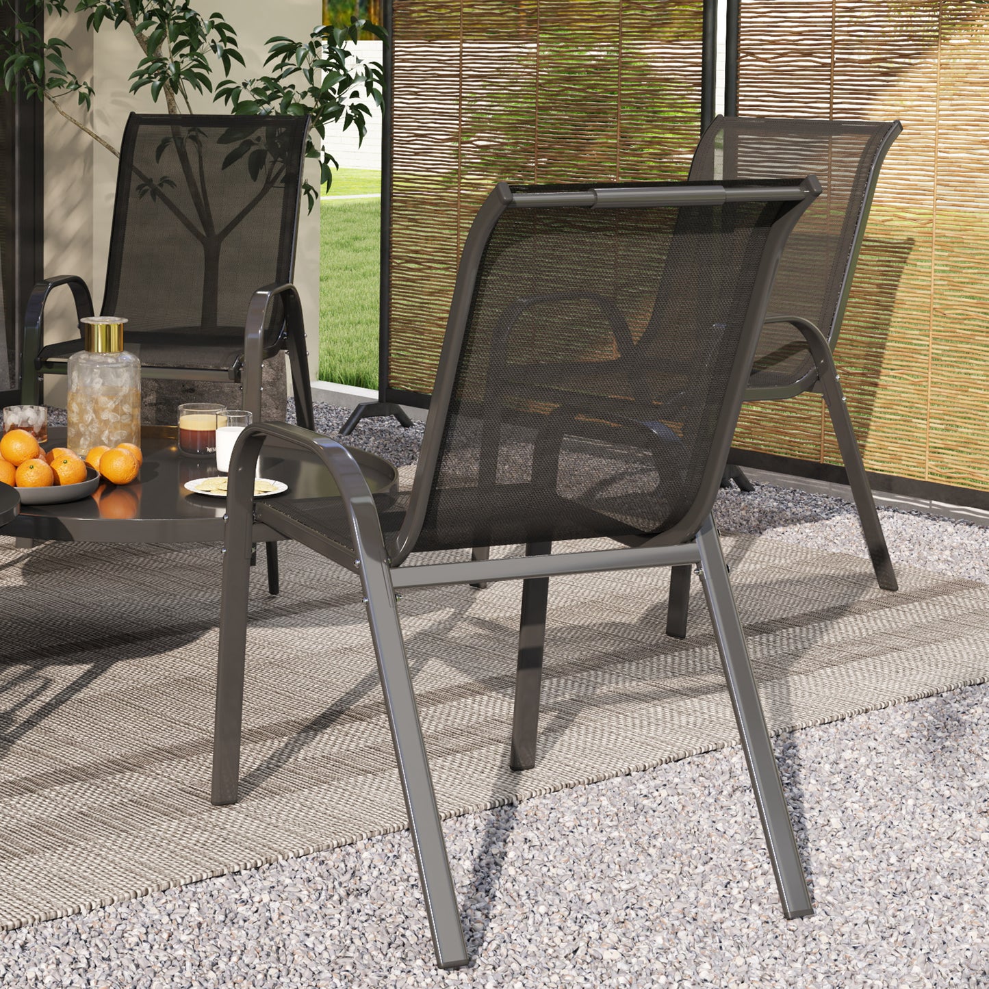 Set of 4 Outdoor Dining Chairs, Stackable Lawn Chairs with High Back, Breathable Mesh Seat for Garden Porch, Black