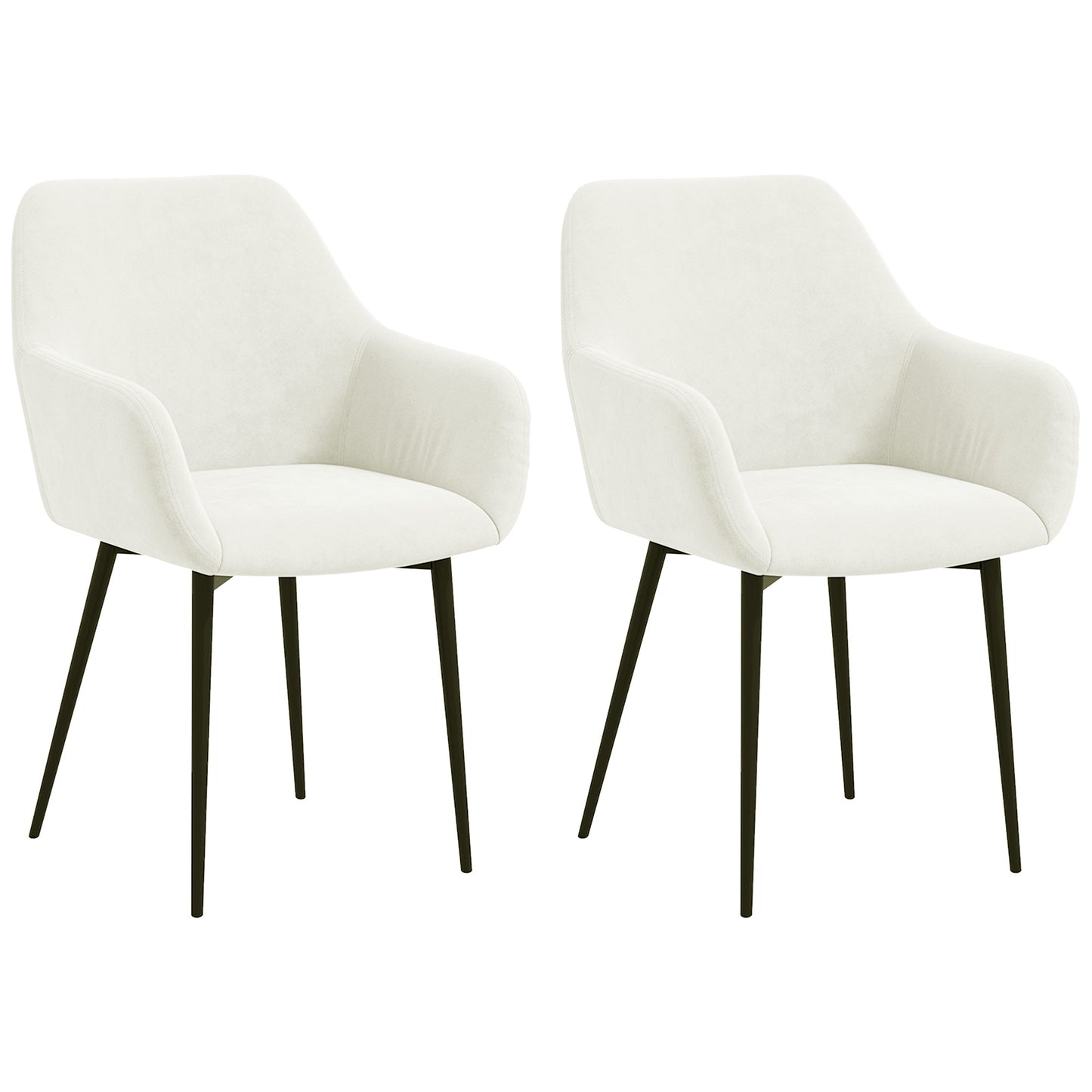 Dining Chairs Set of 2, Velvet-look Fabric Upholstered Kitchen Chairs with Backrest, Armrests and Steel Legs, Cream White