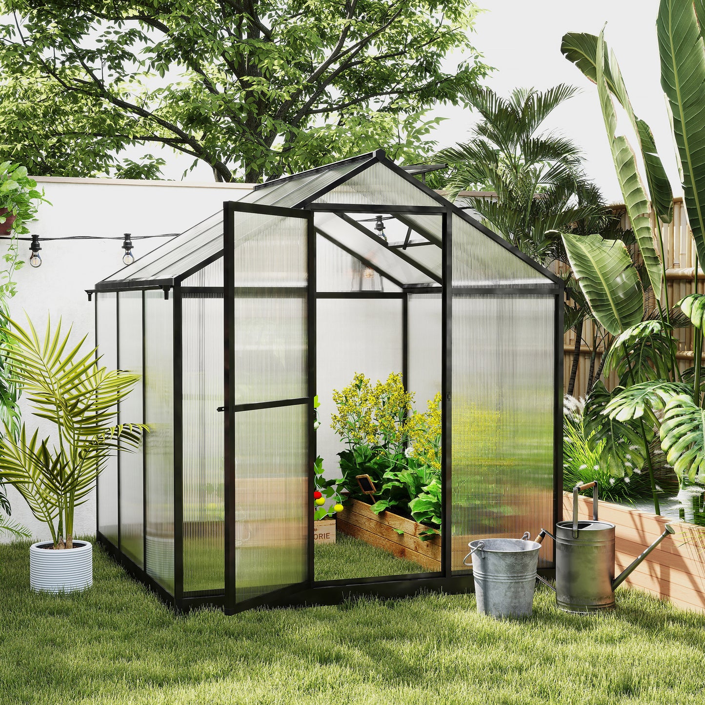 6' x 8' x 6.4' Polycarbonate Greenhouse, Aluminum Walk-In Green House Kit Garden, Plants Grow with Rain Gutter and Roof Vent, Charcoal Grey