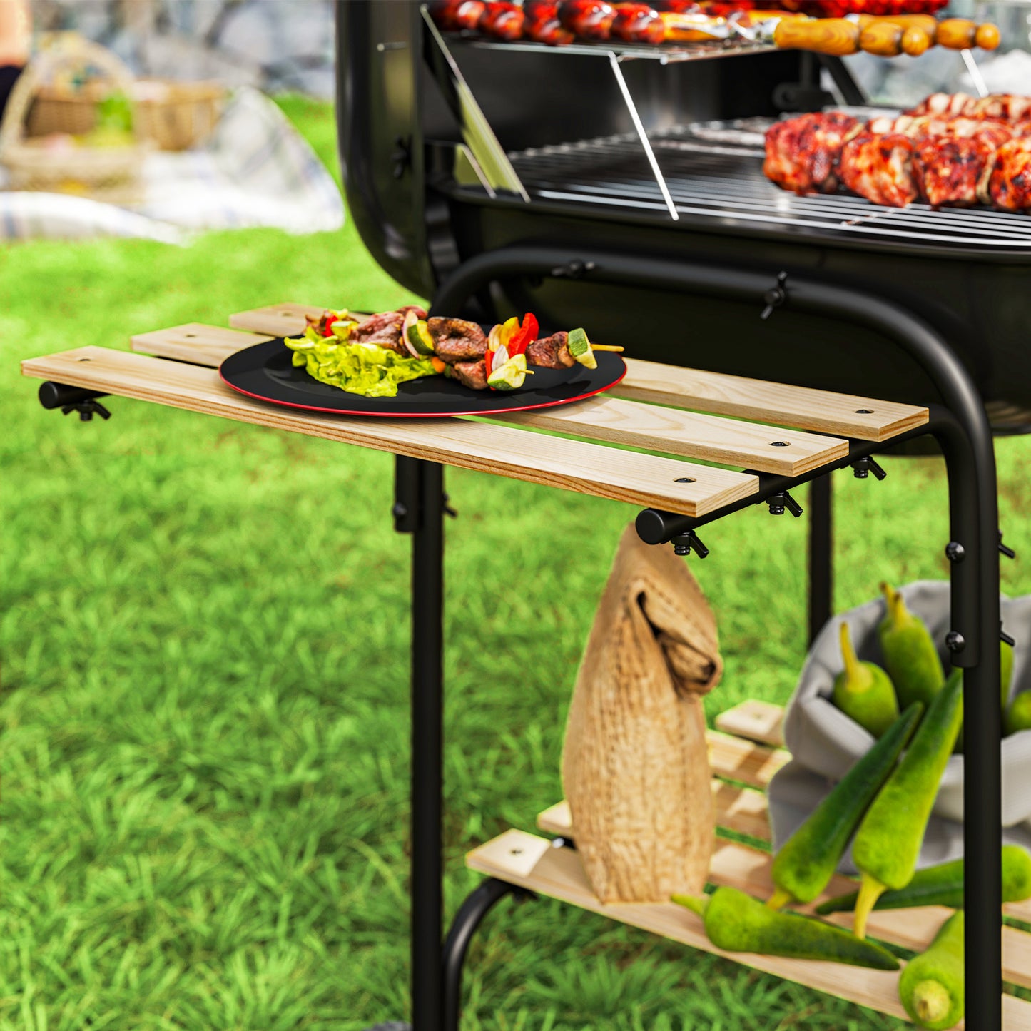 Charcoal BBQ Grill, BBQ Grill with 1840 cm² Cooking Area, 3 Shelves, Adjustable Vent, Lockable Lid, Wheels, Black