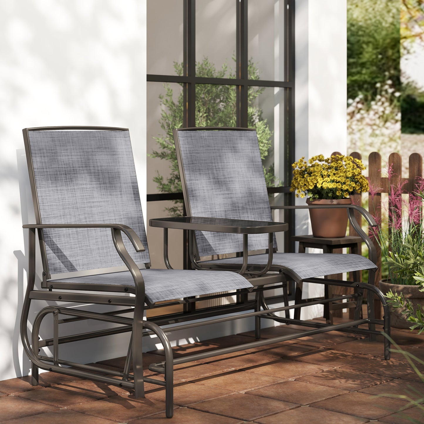 Patio Glider Rocking Chair 2 Person Outdoor Loveseat Rocker Garden Furniture Bench, Grey