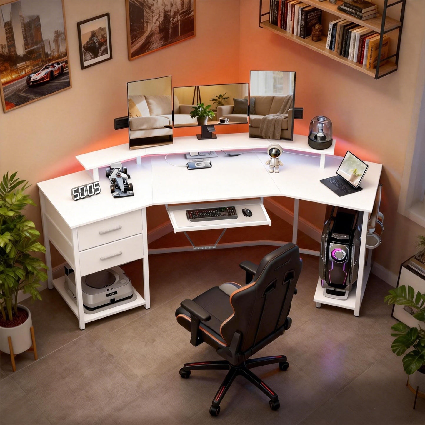 79 inch Gaming Desk with RGB Lights, Computer Table with Power Outlets & USB Ports, Keyboard Tray and 2 Drawers, White