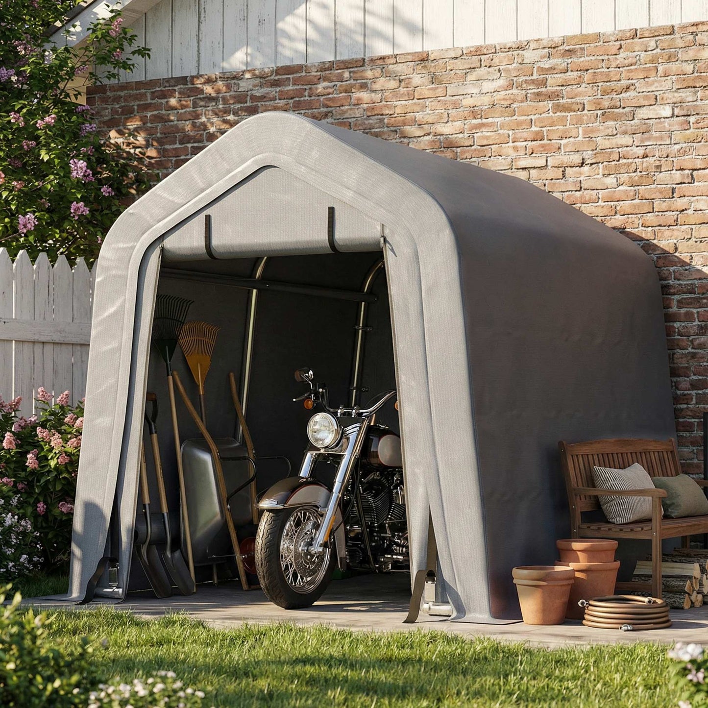 8' x 6' Carport with Sidewalls and Roll-up Door, Outdoor Storage Shelter for Motorcycle and Car, Dark Grey